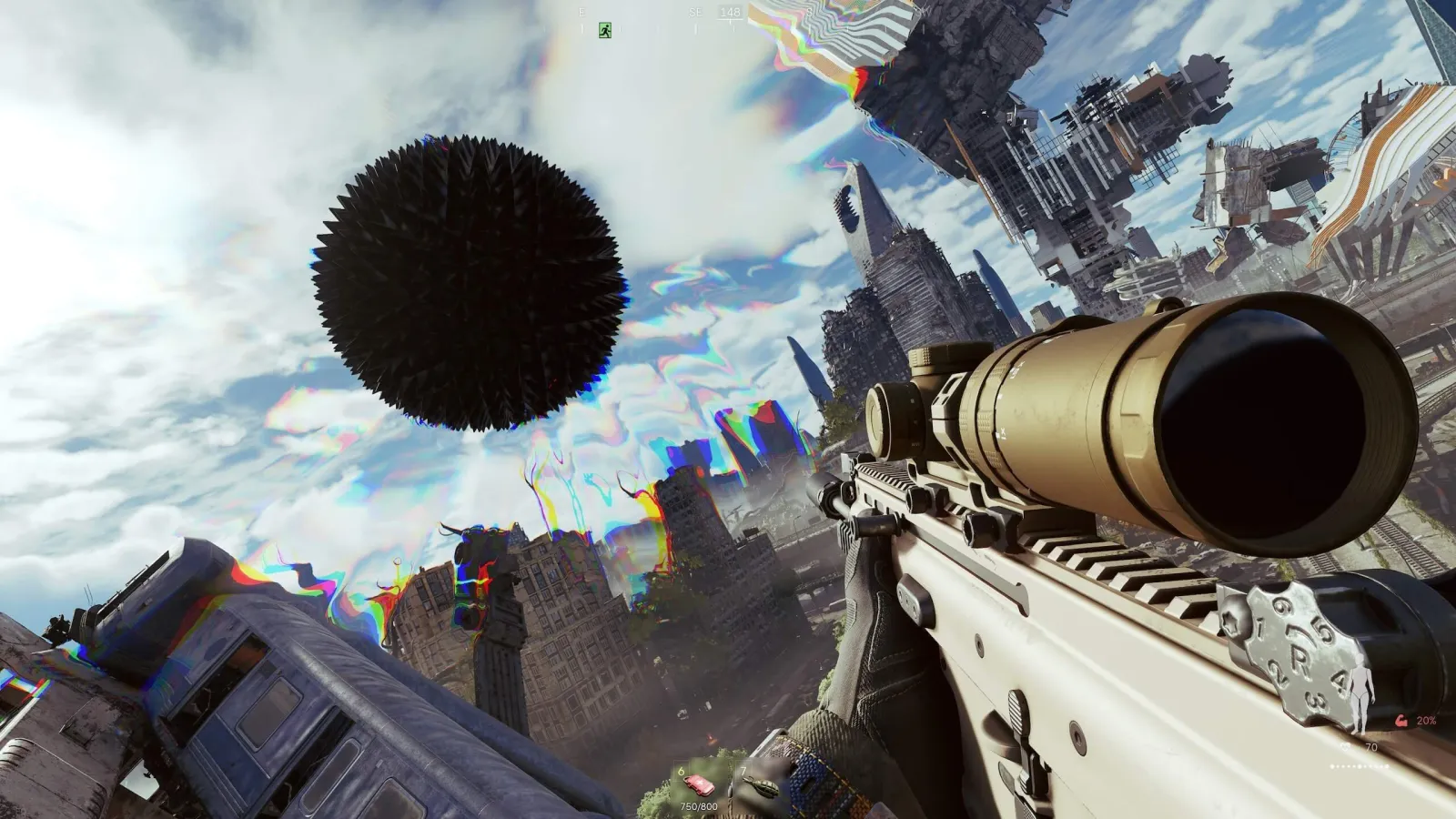 Active Matter gameplay showing a rifle aimed toward a floating anomaly in a distorted city