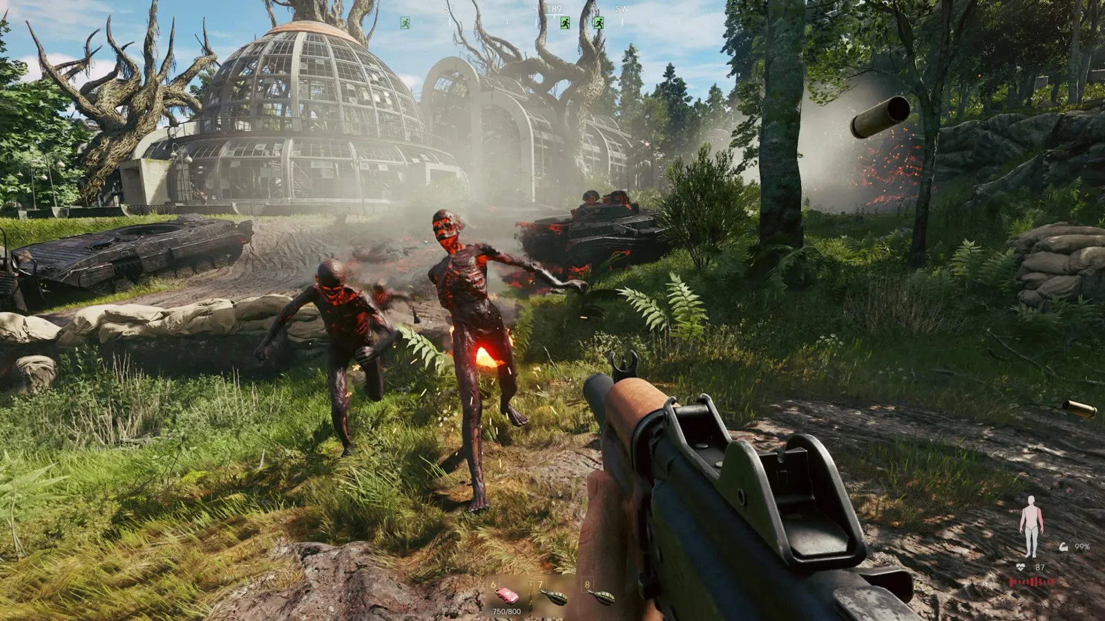 Active Matter PvE gameplay showing hostile creatures near a ruined greenhouse