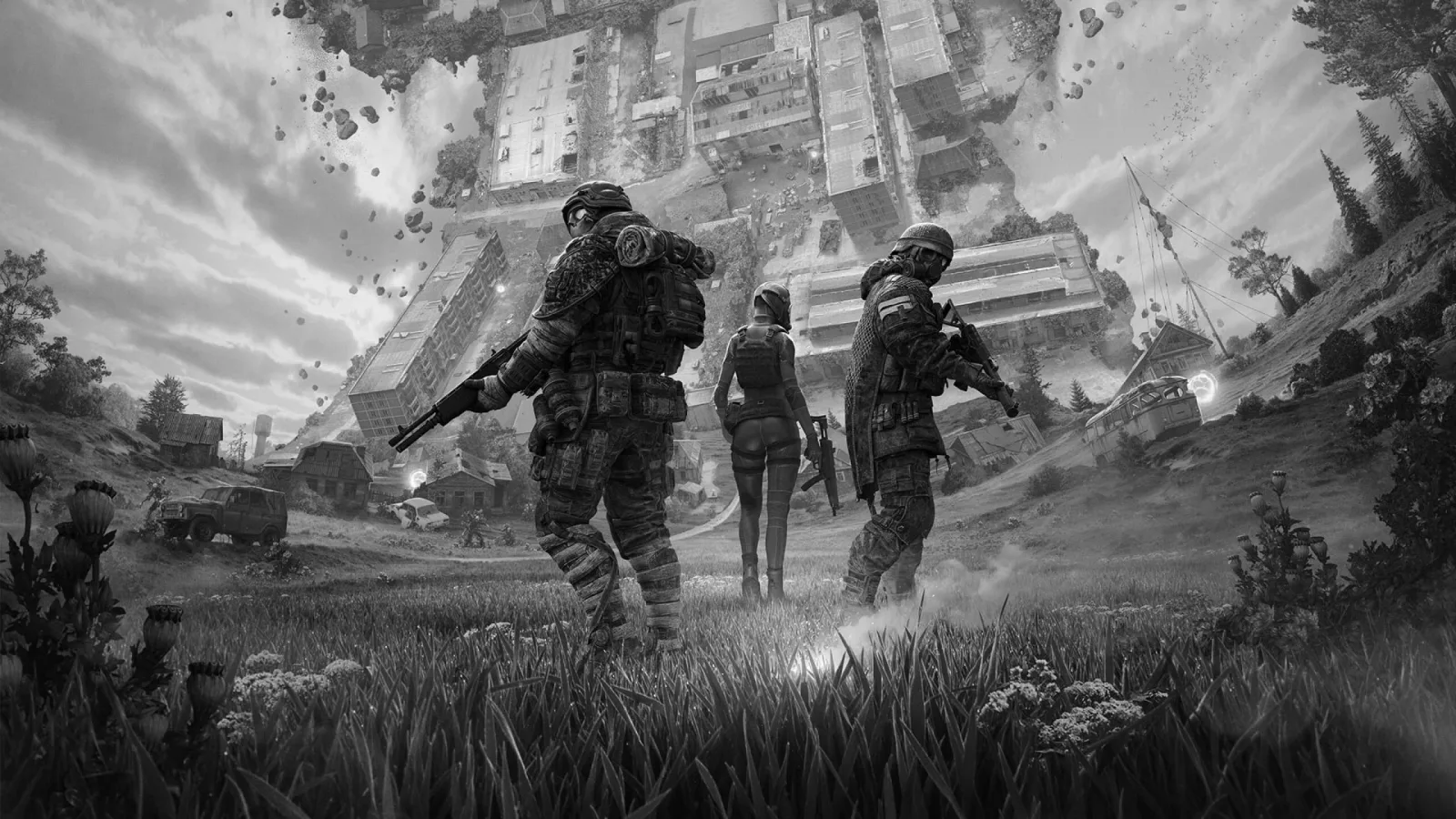 Active Matter promotional art showing three operatives beneath a gravity-defying settlement