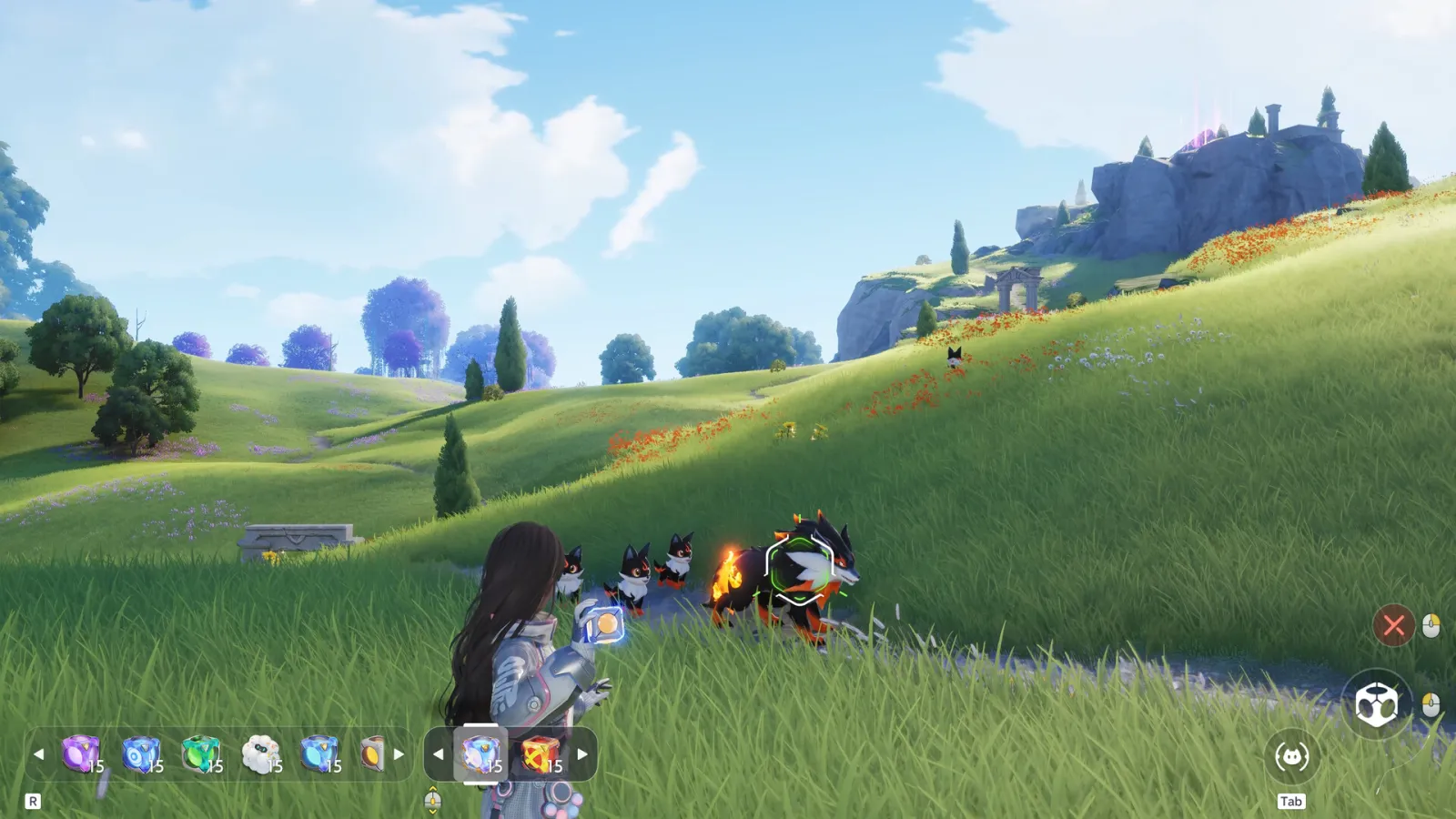 Official Aniimo gameplay screenshot showing a Pathfinder preparing to catch creatures in a grassy field