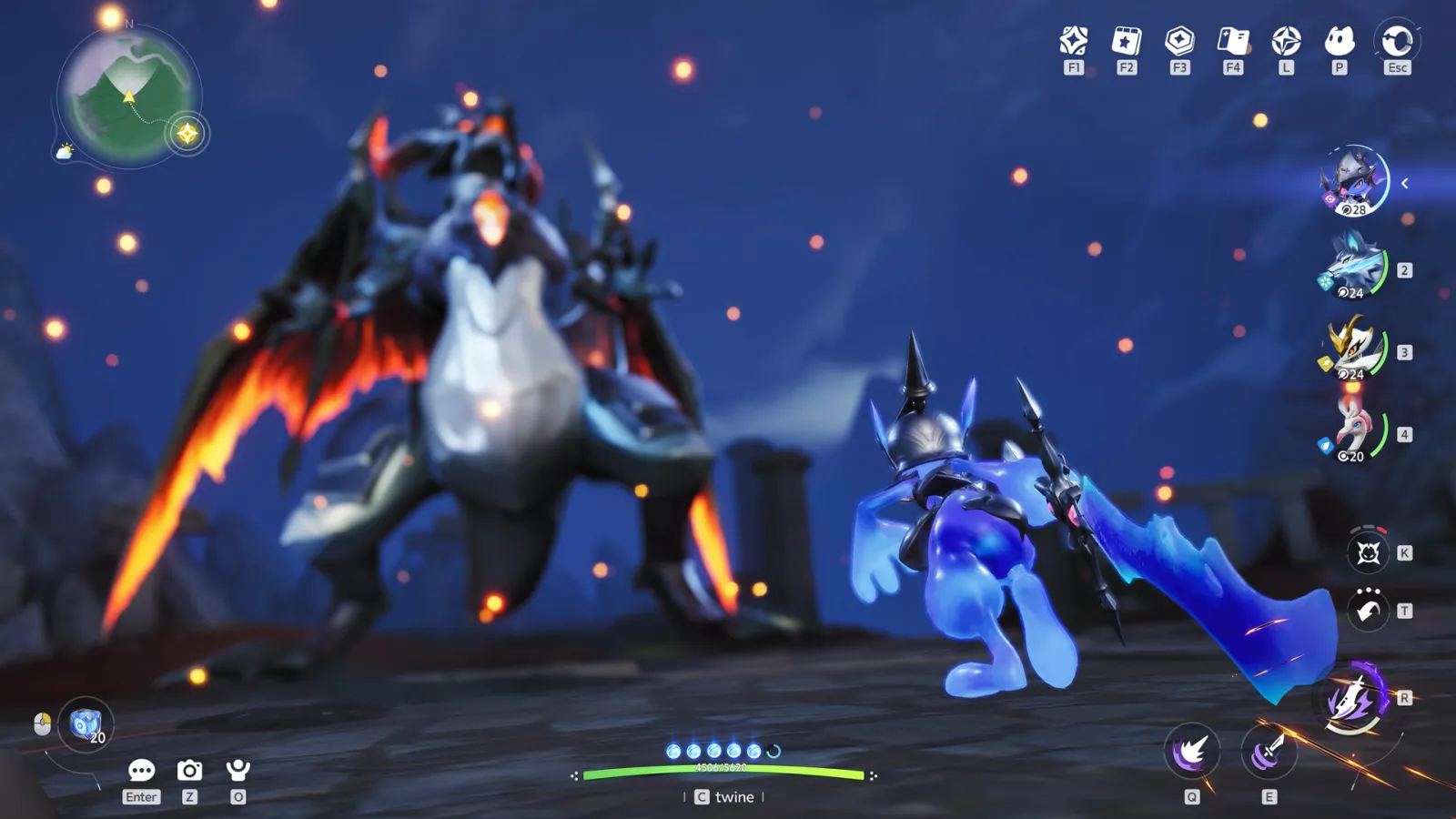 Official Aniimo gameplay screenshot showing a Twined creature fighting a large enemy at night
