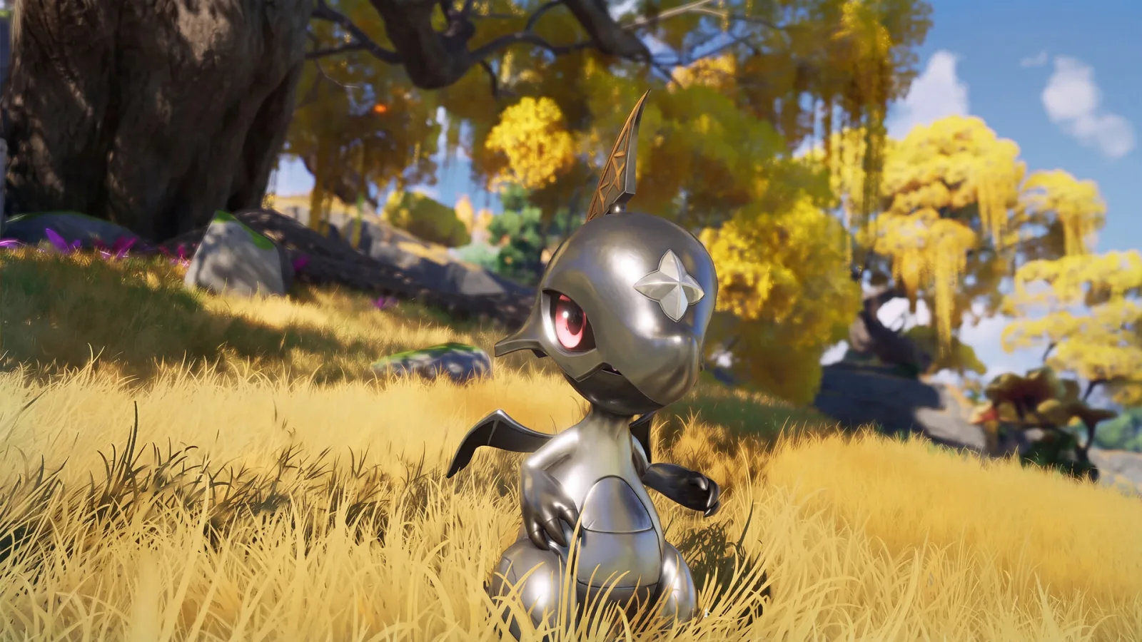 Official Aniimo screenshot showing a metallic creature in a golden open-world landscape
