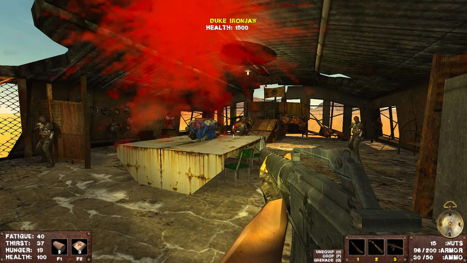 First-person gunfight against Duke Ironjan and armed enemies inside an Apocalypter faction base