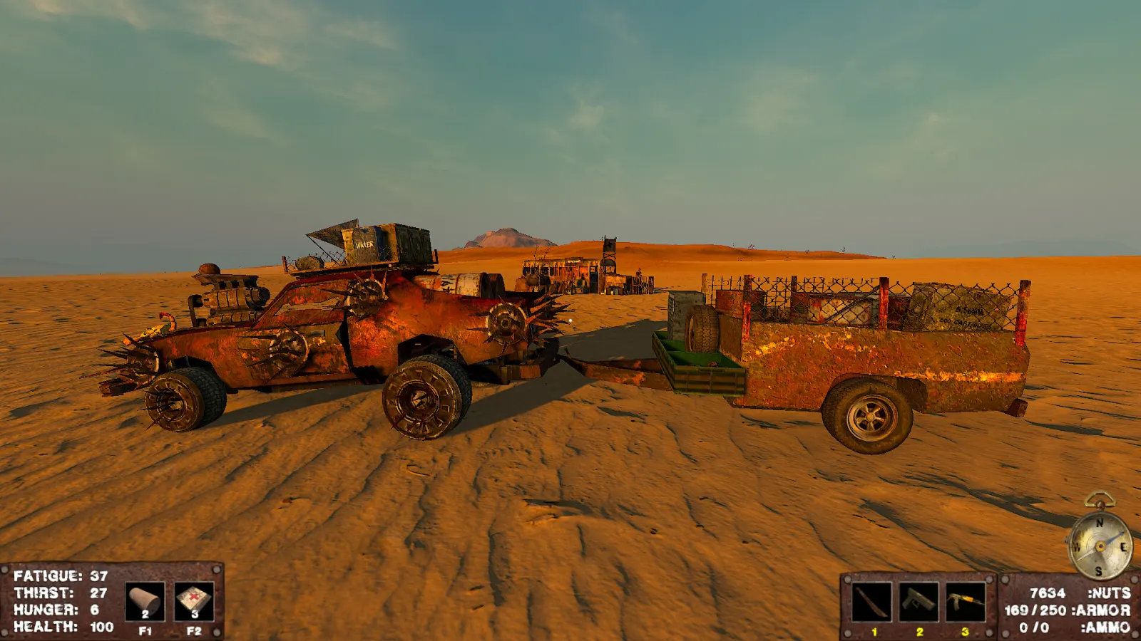 A heavily modified rusted car towing a storage trailer in Apocalypter with hunger, thirst, fatigue and health shown