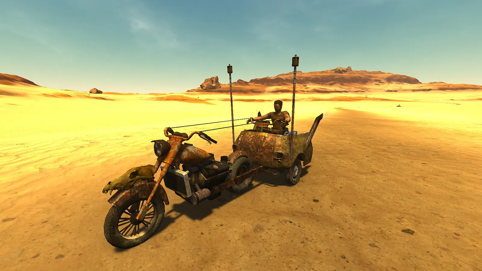 A survivor driving a rusted improvised motorcycle and sidecar across Apocalypter's desert wasteland