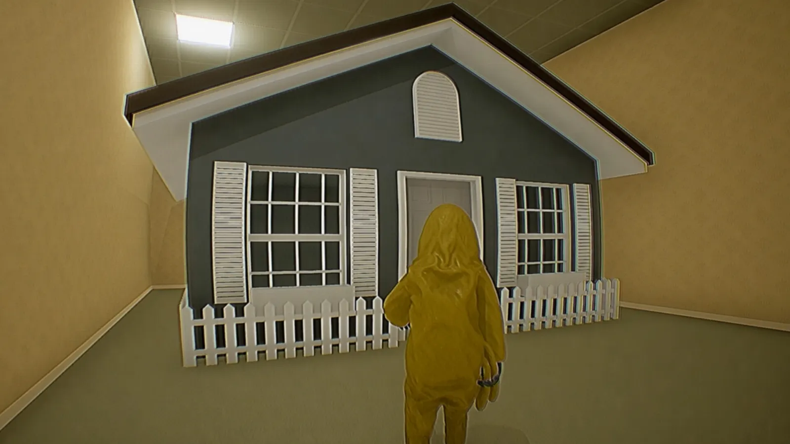 Yellow hazmat worker facing a small gray house and white picket fence built inside a yellow Backrooms hallway
