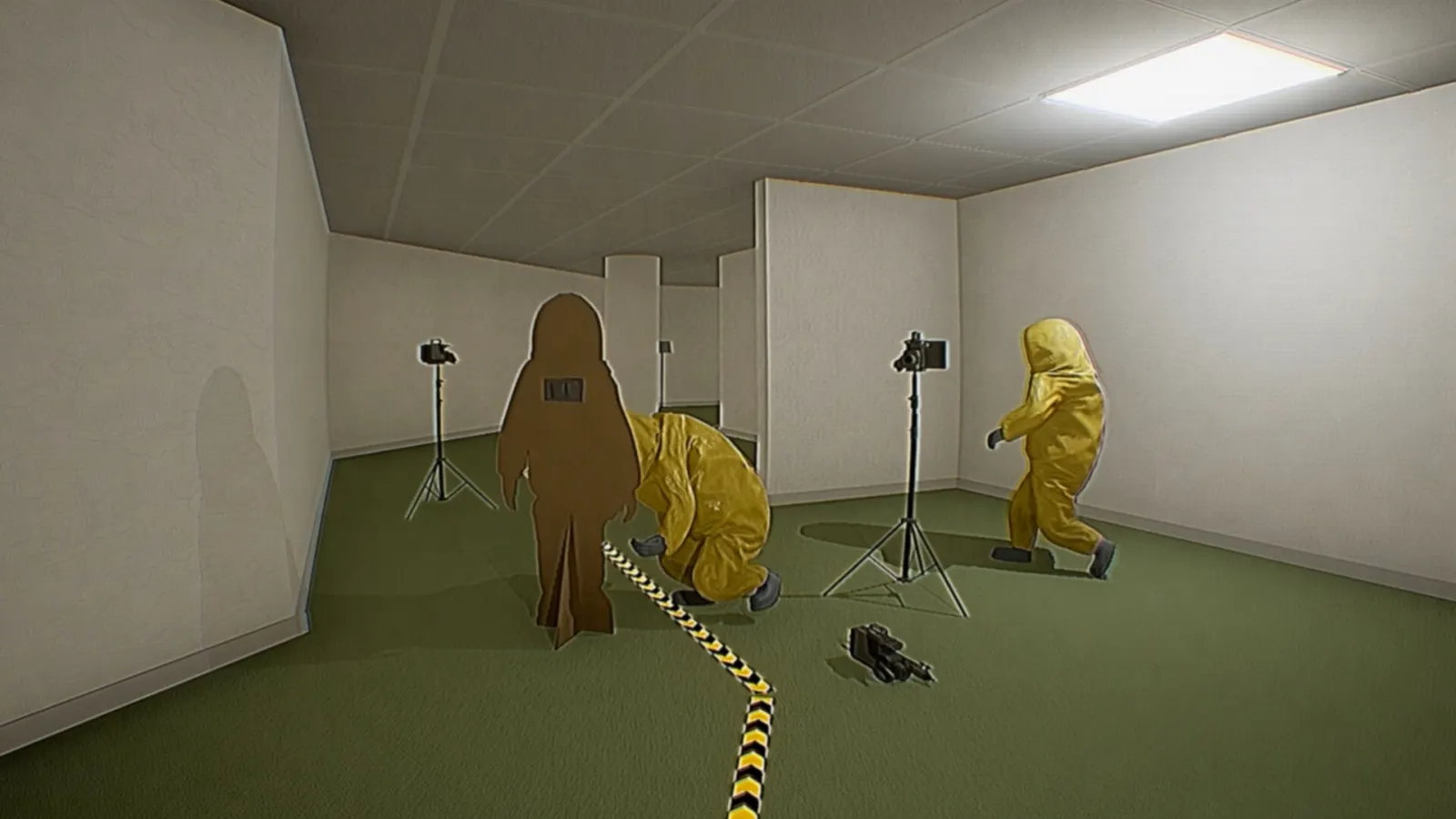 Hazmat research team placing tripod cameras and a hazard-striped cable inside a green-and-white Backrooms room