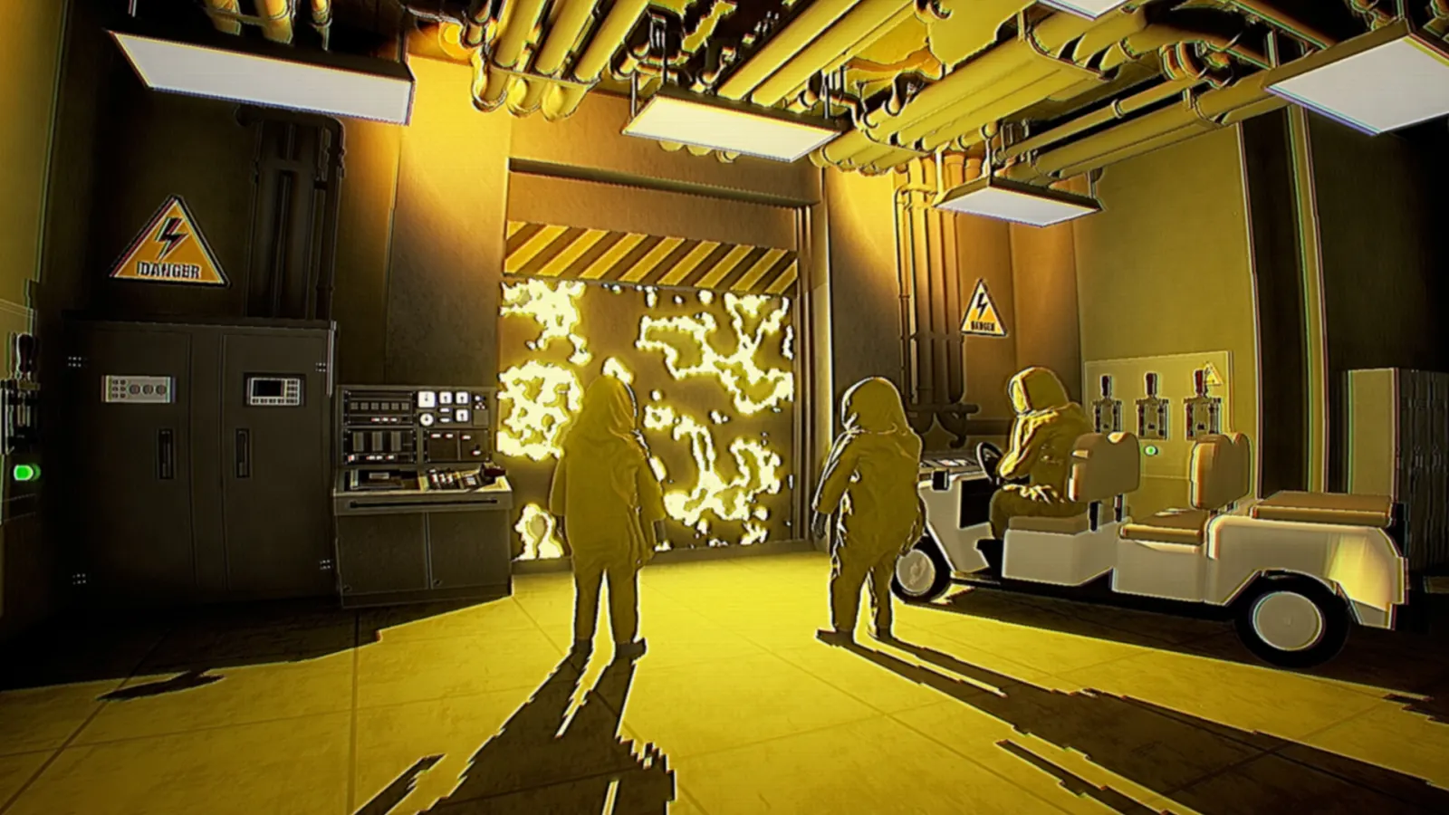 Three yellow hazmat workers beside a utility cart facing a bright distorted opening in an electrical room