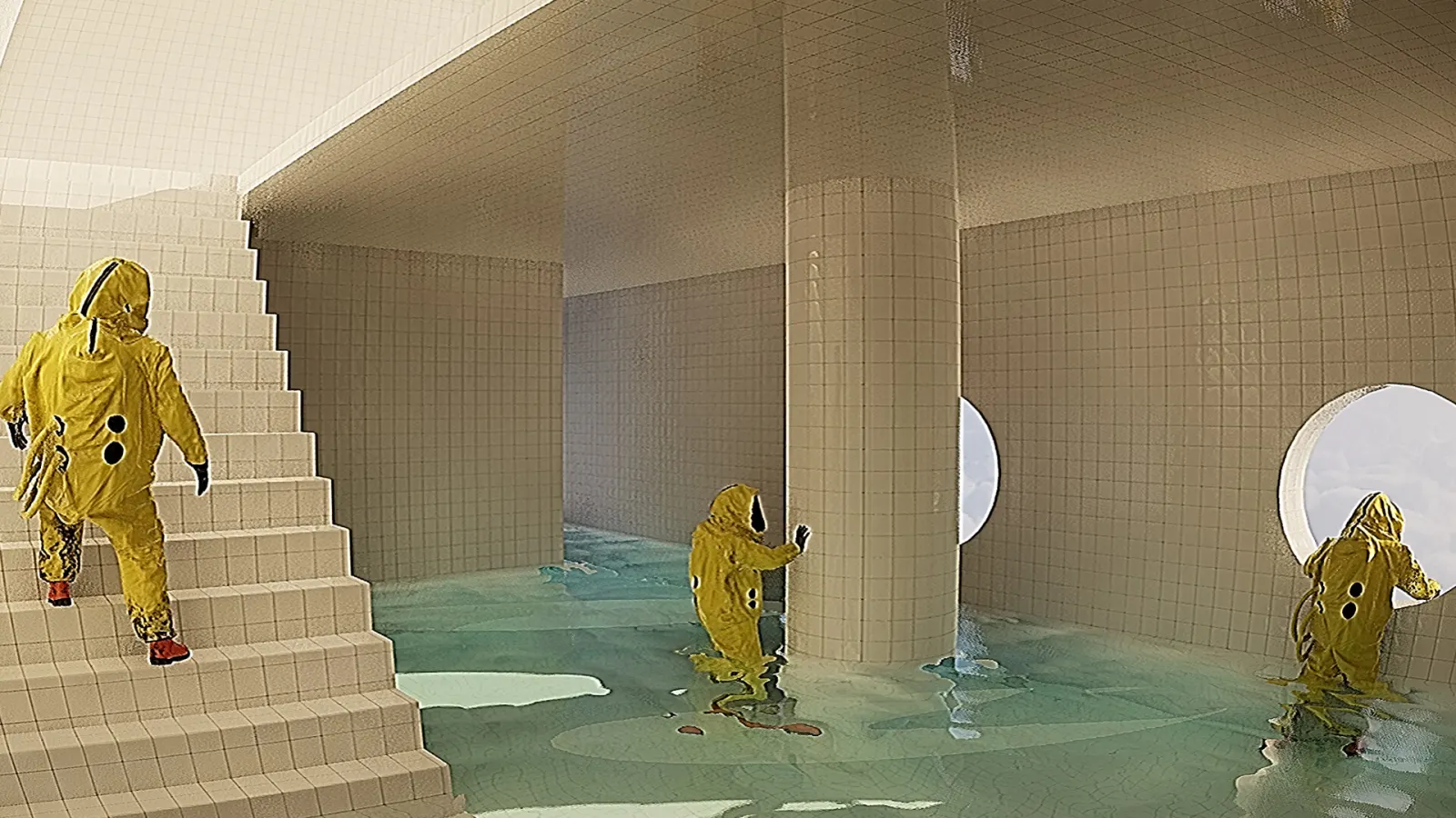 Three yellow-suited researchers explore a flooded tiled pool level in Backrooms Protocol