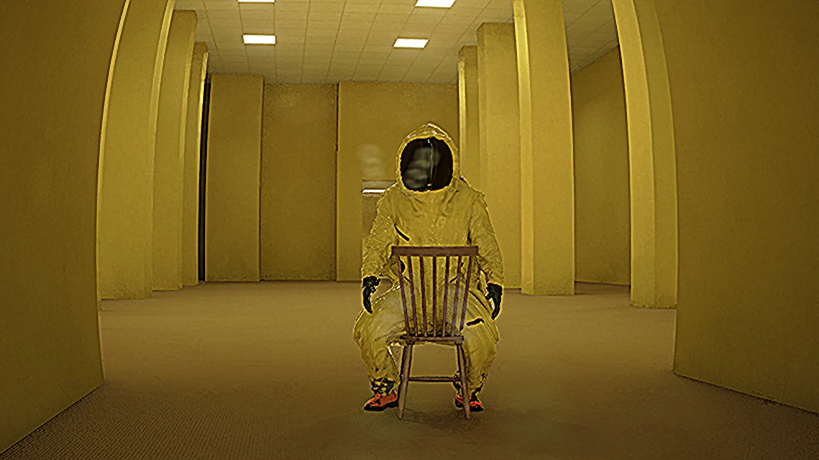 A yellow-suited M.E.G. researcher sits on a wooden chair in a Backrooms corridor