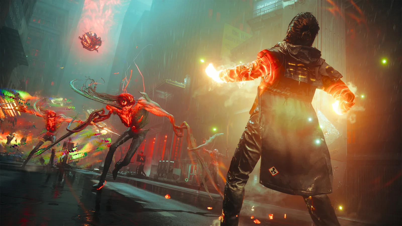 Official CONTROL Resonant screenshot showing Dylan Faden in a warped Manhattan combat zone