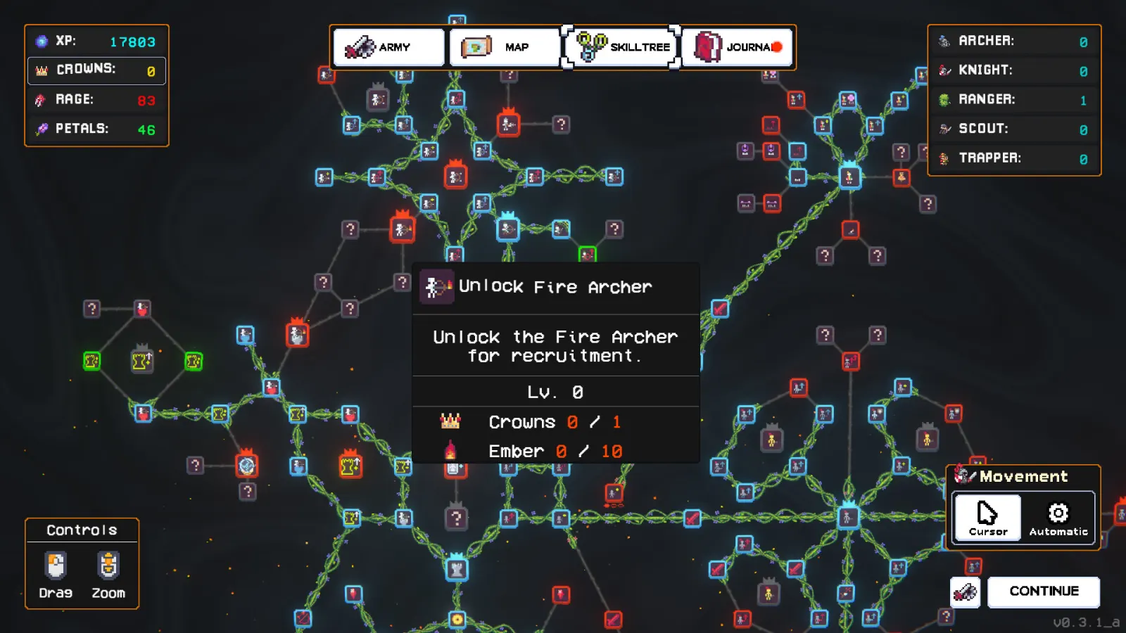 Crown Siege skill tree showing branching unit upgrades and the Fire Archer unlock requirements