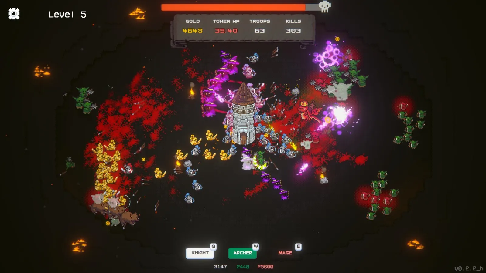 Large colorful armies and magical attacks surrounding the tower during Crown Siege level five