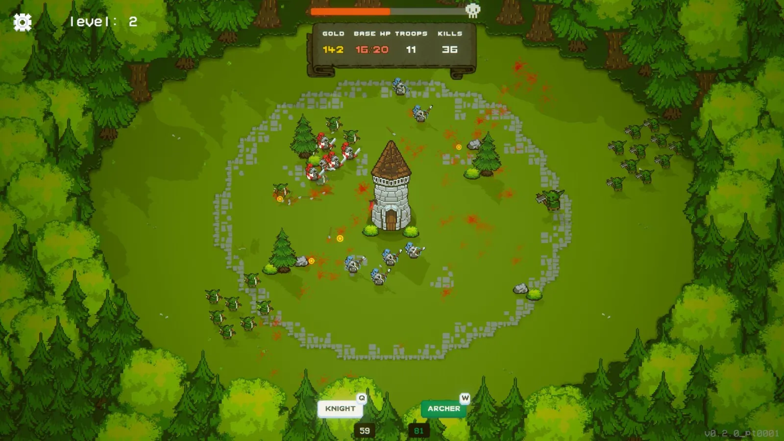 Pixel-art knights and archers defending a central stone tower from goblins in Crown Siege