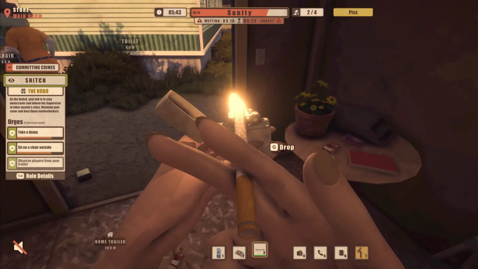 Snitch with a Hobo cover lighting a cigarette beside a trailer while role-specific urges and the Sanity meter are shown