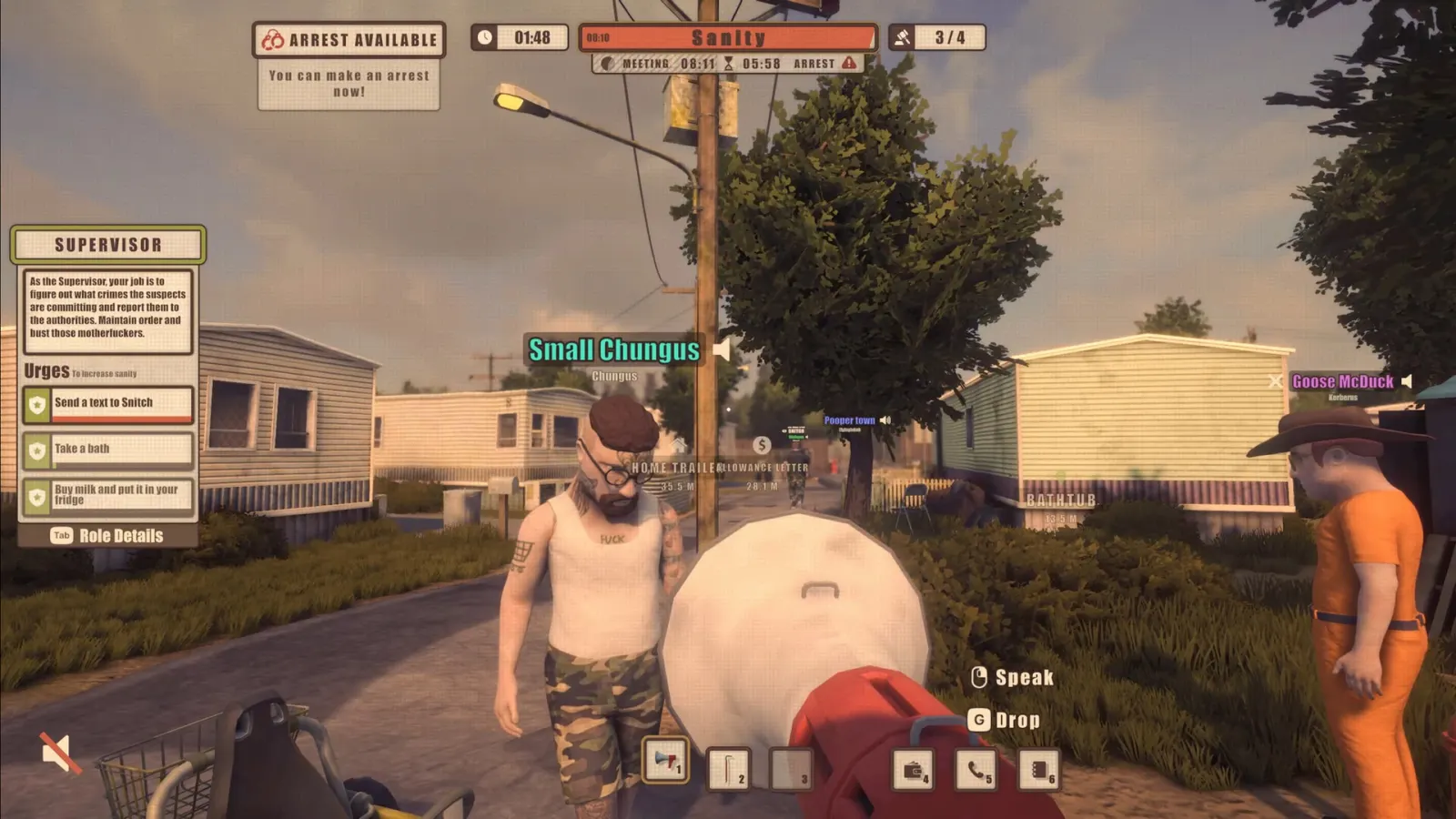 Supervisor view showing Arrest Available while three residents stand between trailers in Dawson Oaks