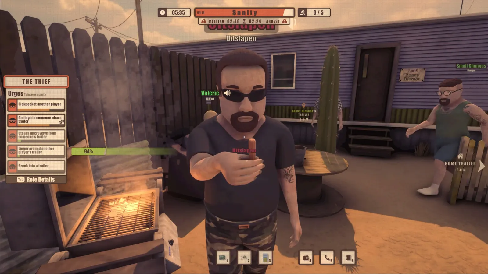 First-person Thief facing a sunglasses-wearing resident beside a barbecue and purple trailer while the urge list and Sanity meter are visible