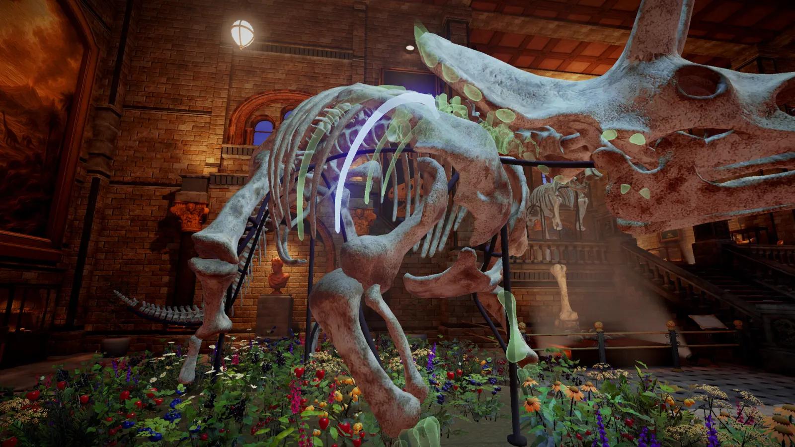 Highlighted missing bones being placed onto a Triceratops skeleton in DinoBones