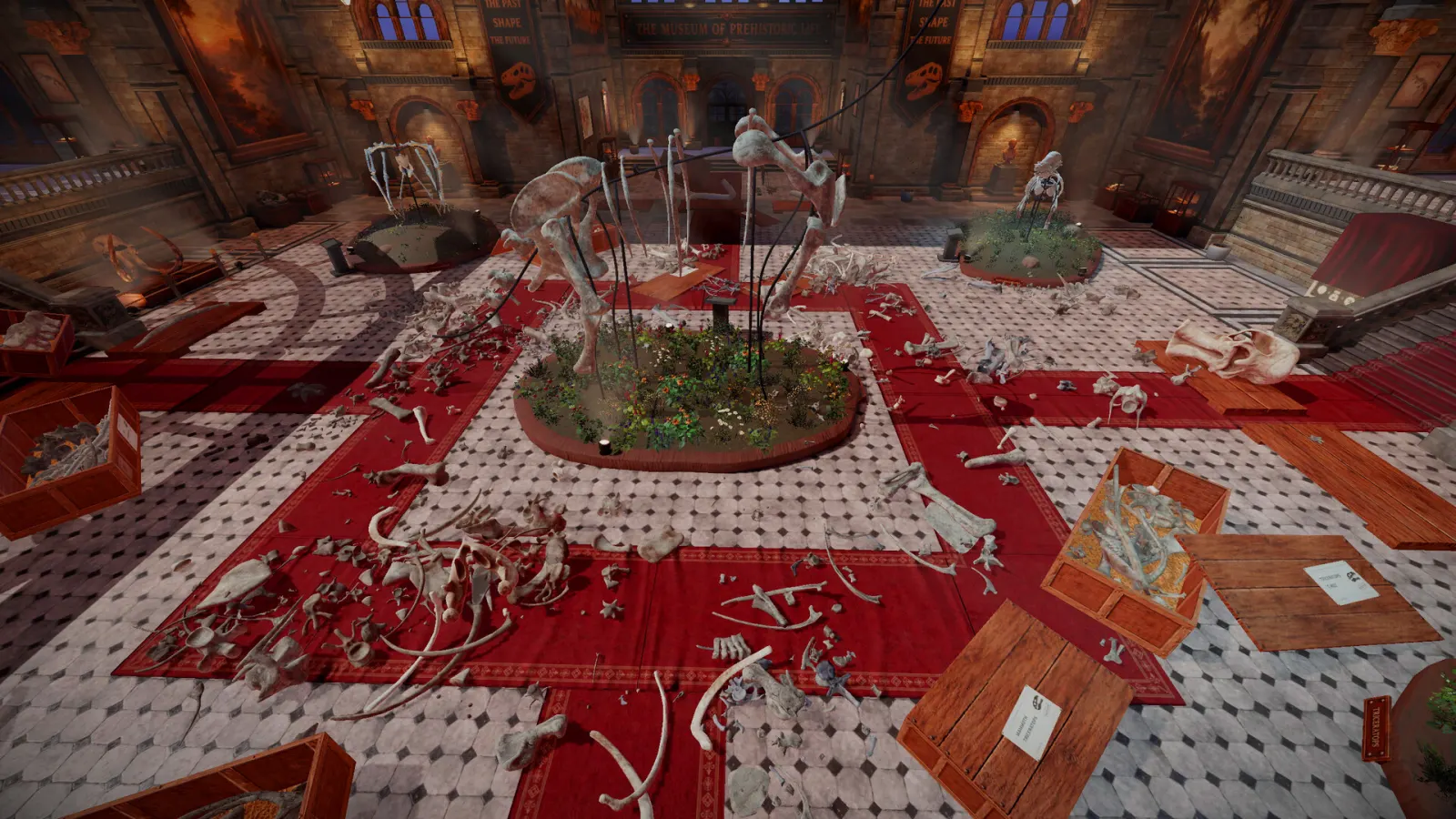 Scattered dinosaur and prehistoric-animal bones covering the floor of the DinoBones museum