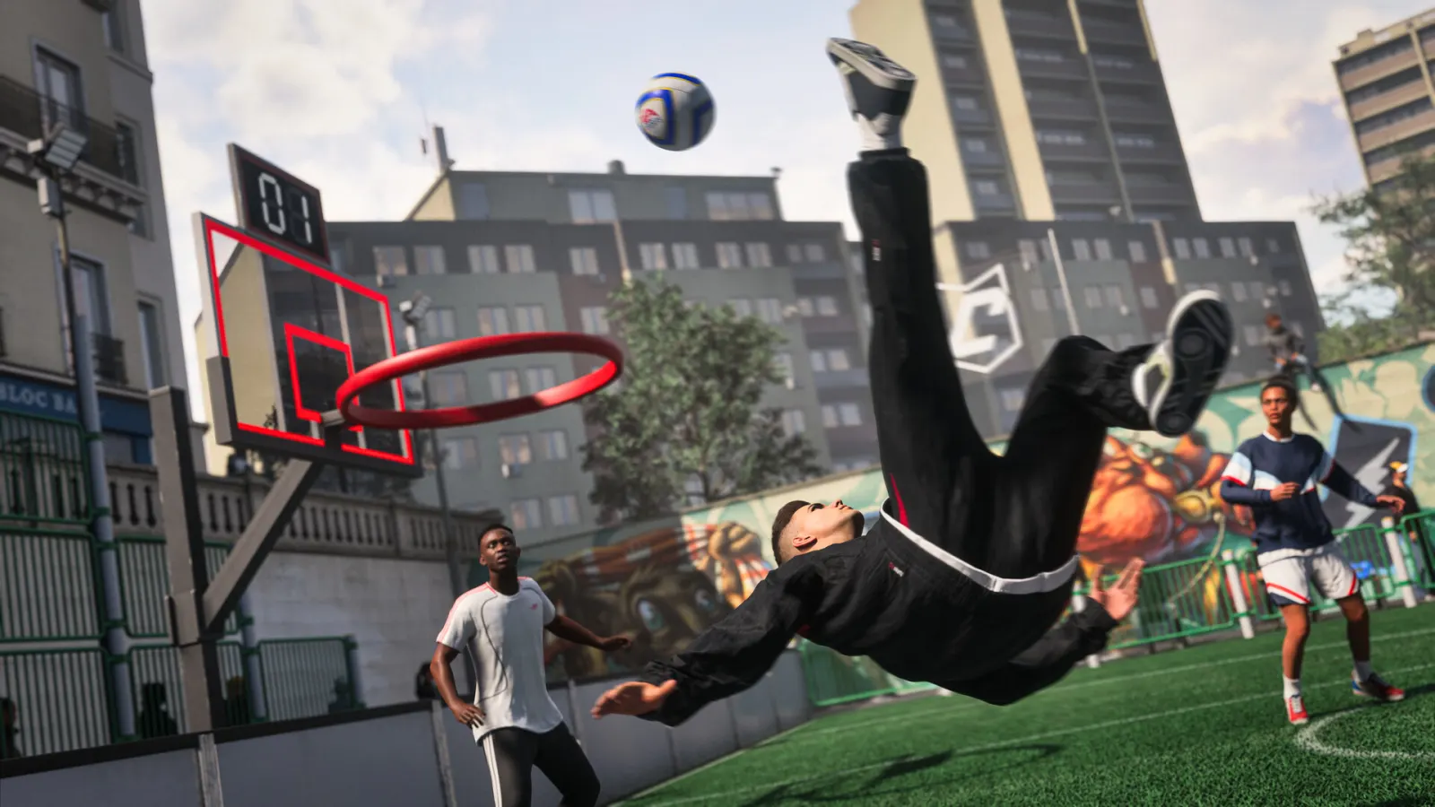 EA SPORTS FC 27 The Grounds street-football player attempting an overhead kick through a basketball hoop