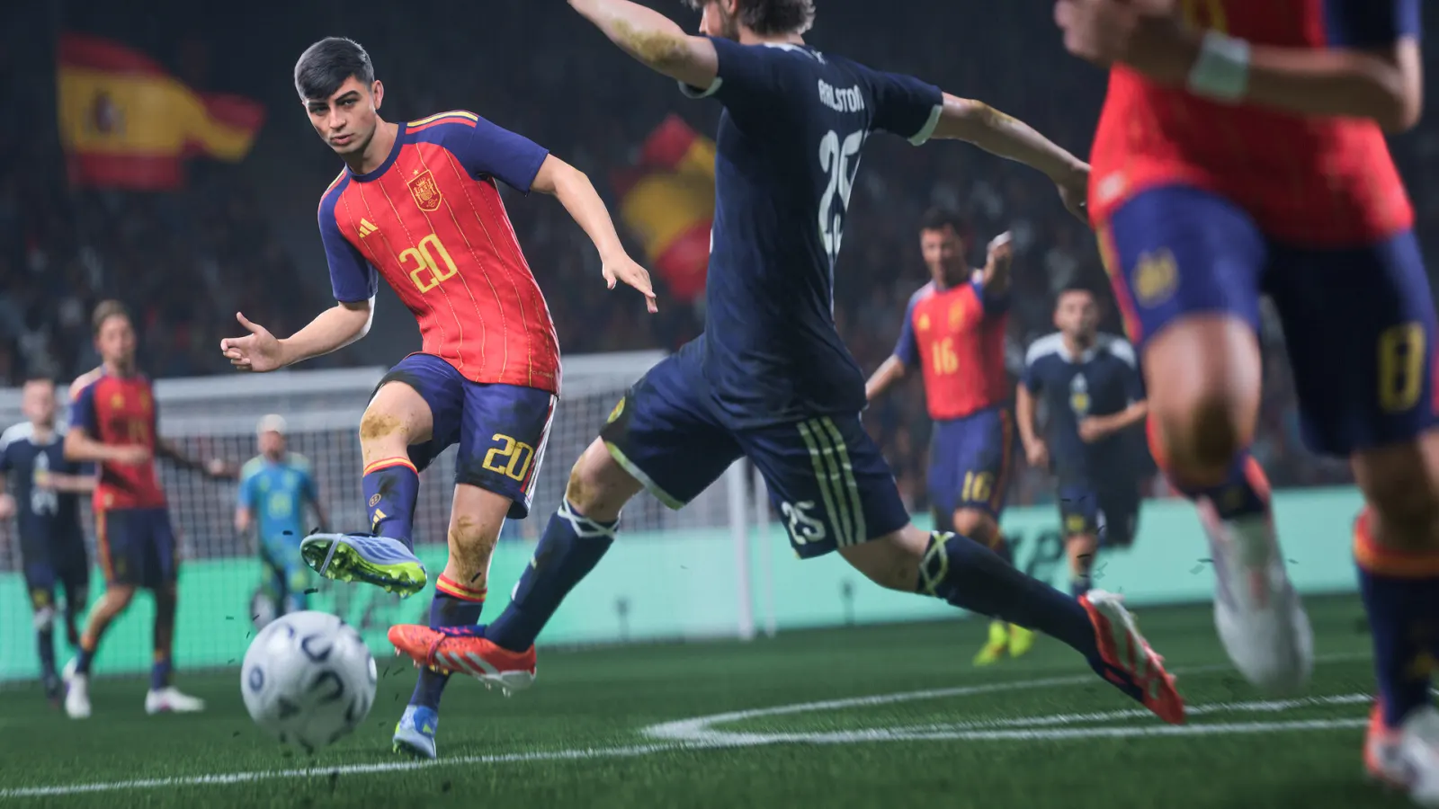 EA SPORTS FC 27 Spain player shooting through a defender during an international match