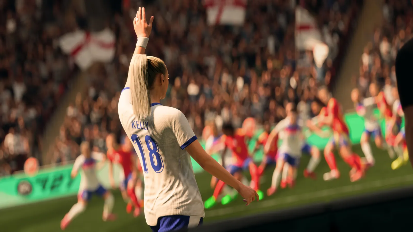 EA SPORTS FC 27 women's match with a number 18 player raising her hand in front of a crowded stand