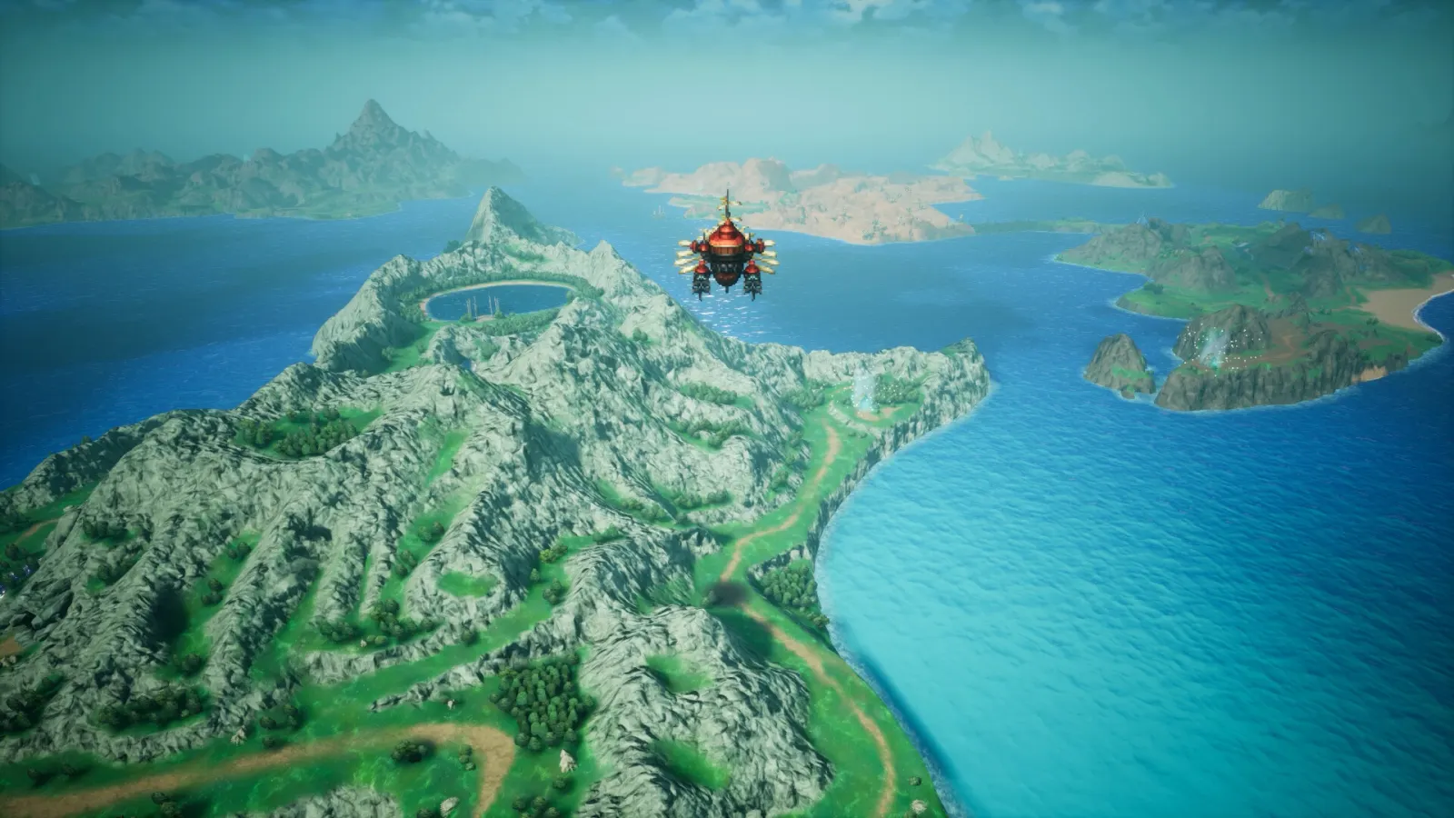 Final Fantasy Resonance red airship flying over a large island-filled ocean world map