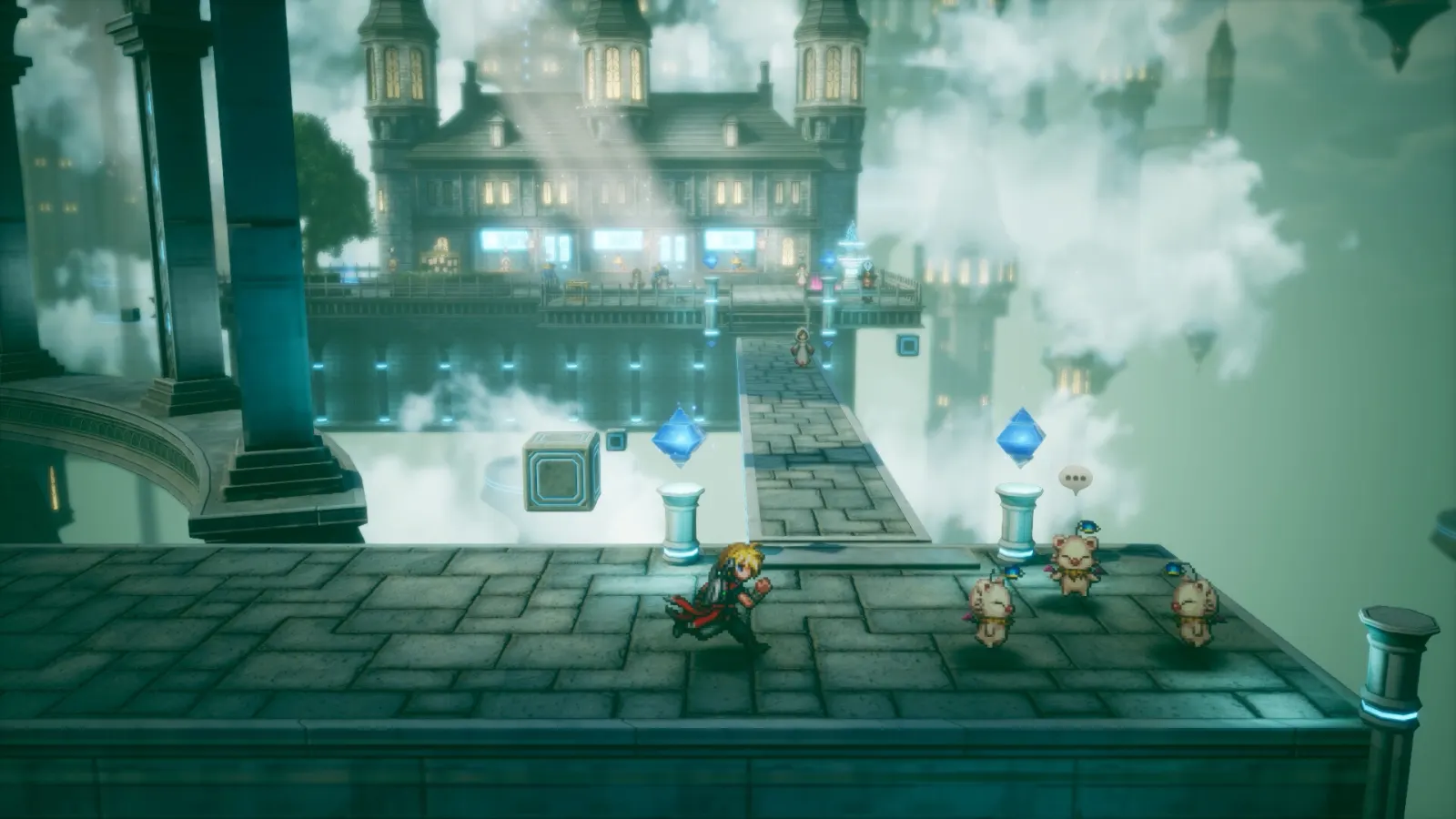 Final Fantasy Resonance pixel-art hero running past moogles on a bridge through a floating cloud city
