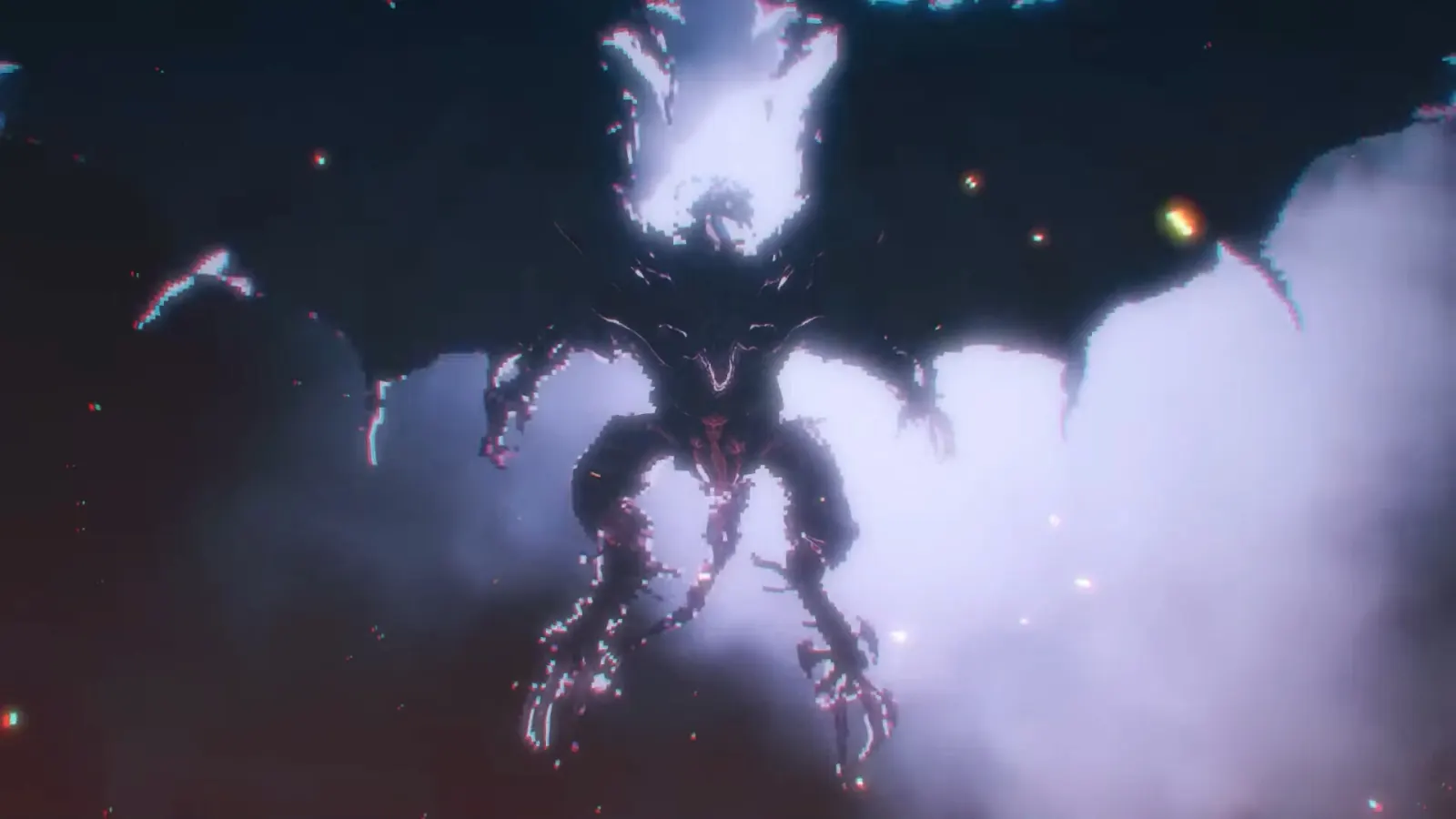 Final Fantasy Resonance dark winged enemy silhouetted against bright purple light