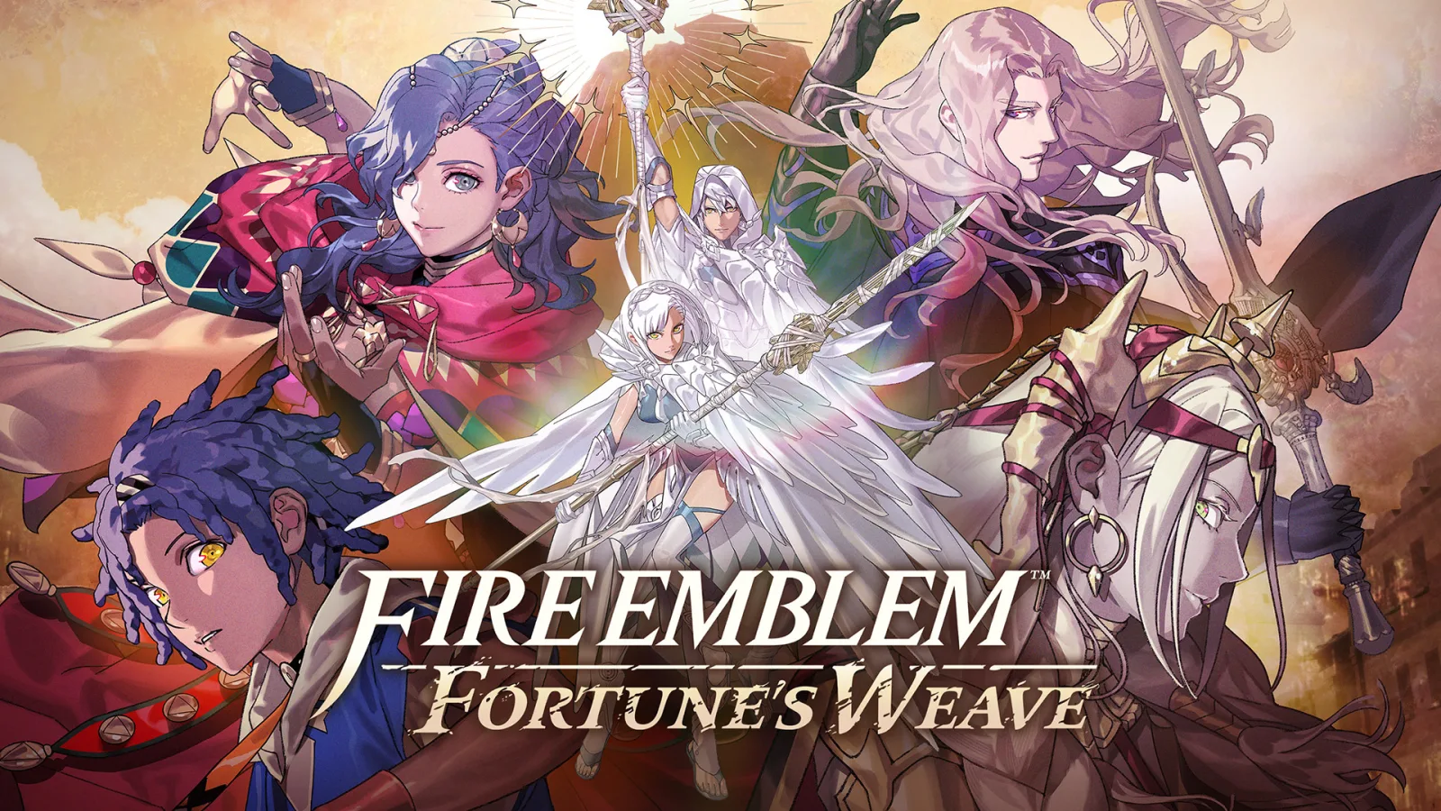 Official Fire Emblem Fortune's Weave artwork showing its heroes around the customizable protagonist
