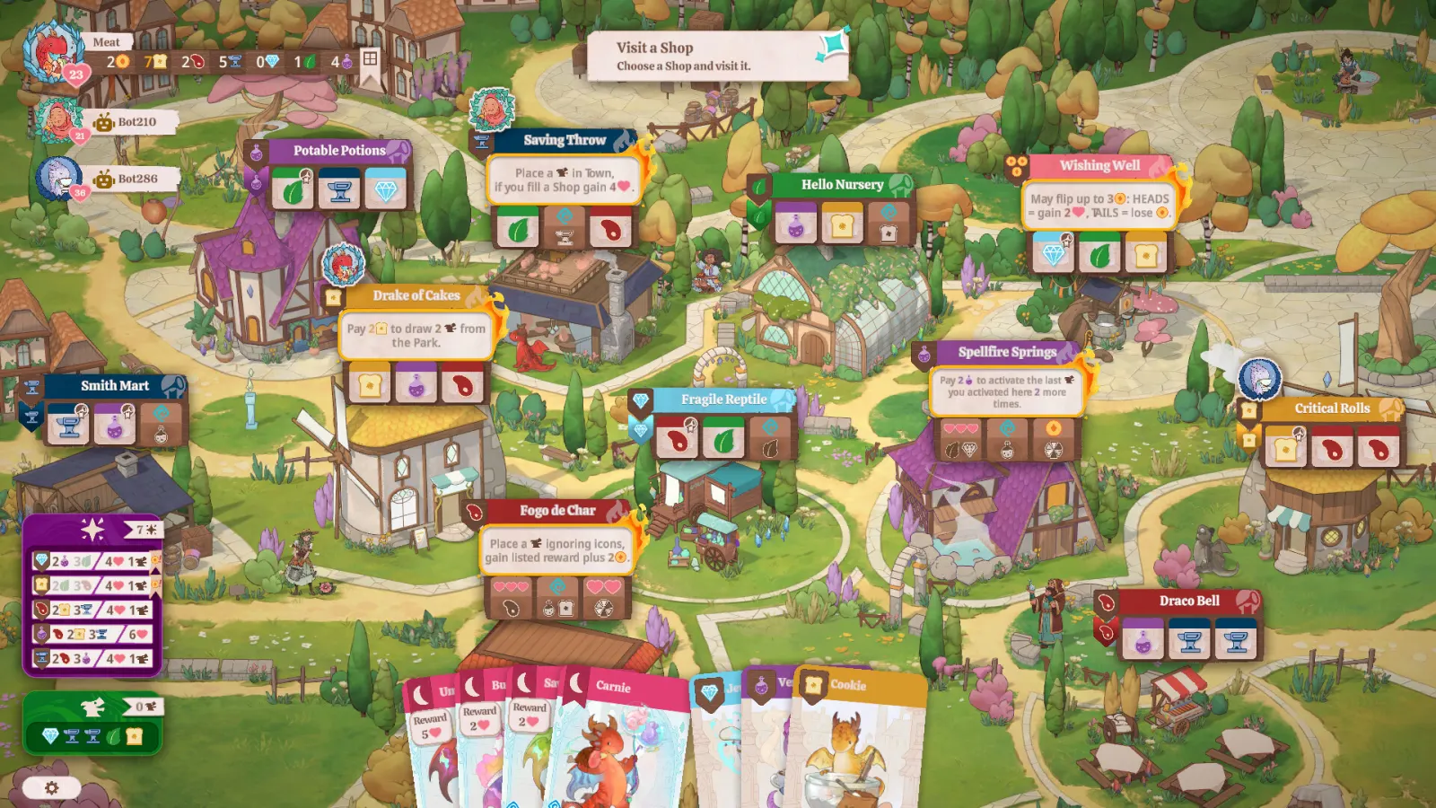 Flamecraft local match board with eight named shops, bot opponents and cards in hand