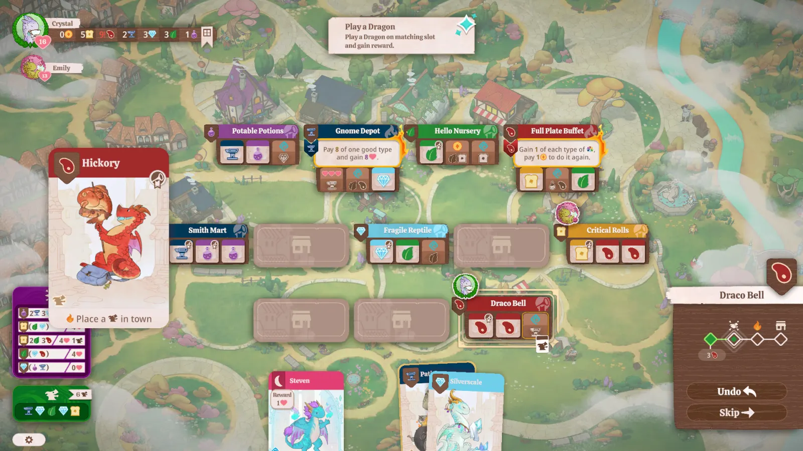 Flamecraft town overview showing shared shops, the Hickory dragon card and player resource boards