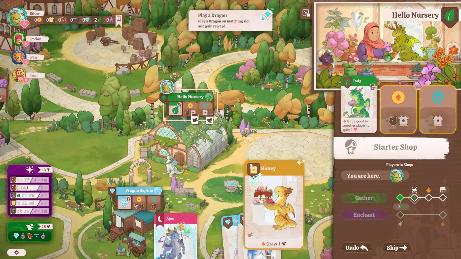 Flamecraft turn interface at Hello Nursery with dragon cards and gather or enchant choices