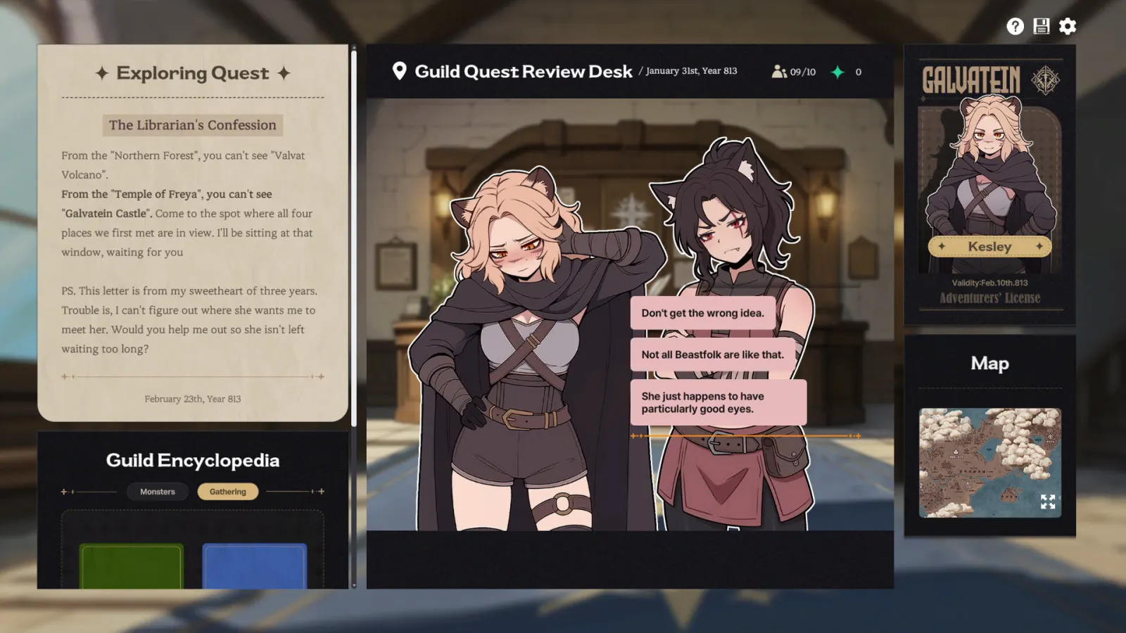 Galvatein dialogue choices beside Kesley and another beastfolk adventurer at the review desk