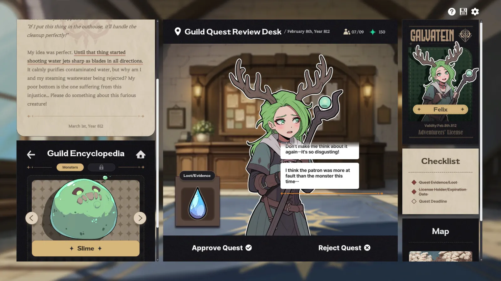 Galvatein quest review screen checking Felix's slime loot against the guild encyclopedia