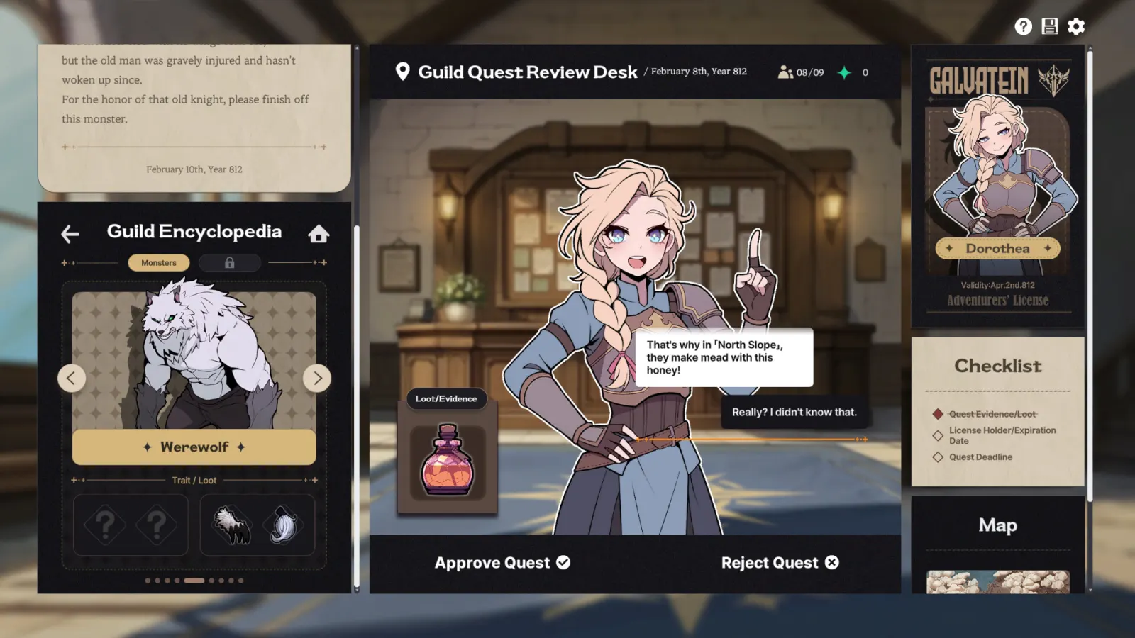 Galvatein quest review screen comparing adventurer Dorothea's testimony with werewolf evidence