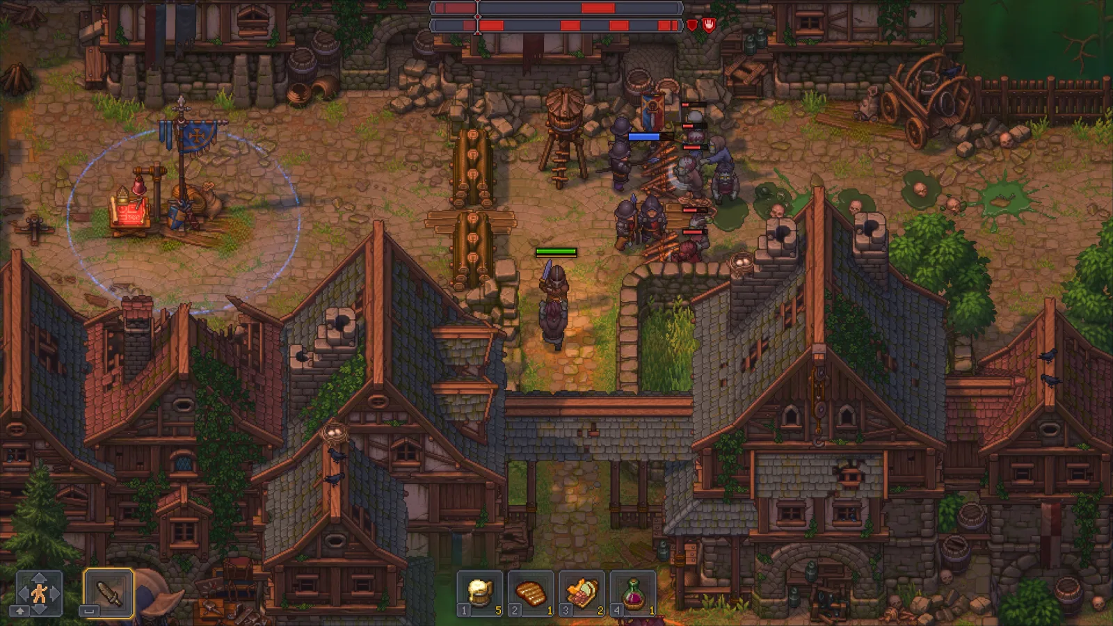Graveyard Keeper 2 gameplay showing the keeper directing an undead battle inside The Town