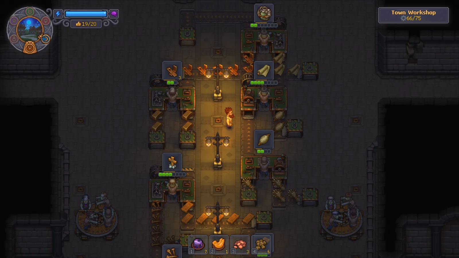 Graveyard Keeper 2 gameplay showing automated production lines inside the Town Workshop