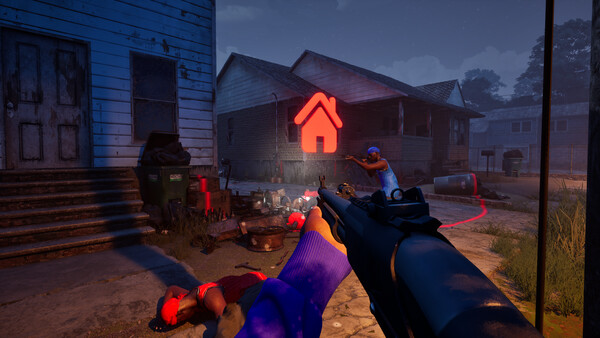 Official Hood Warfare 2 screenshot showing a first-person rifle view beside a glowing territory marker on a residential street