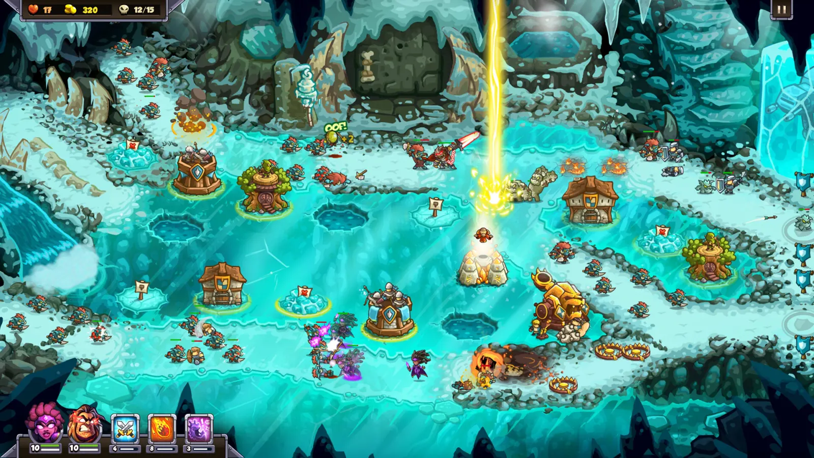 Two heroes and several tower types fight enemy waves across an icy Kingdom Rush 6 battlefield