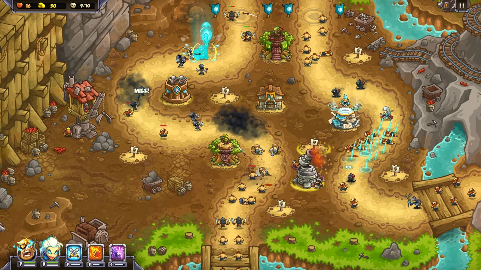 Towers, heroes and spells defend multiple lanes through a Kingdom Rush 6 mining region