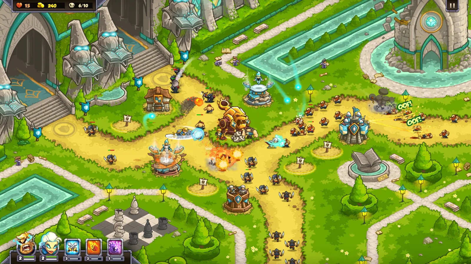 Two heroes and mixed towers defend branching castle paths in Kingdom Rush 6: Genesis