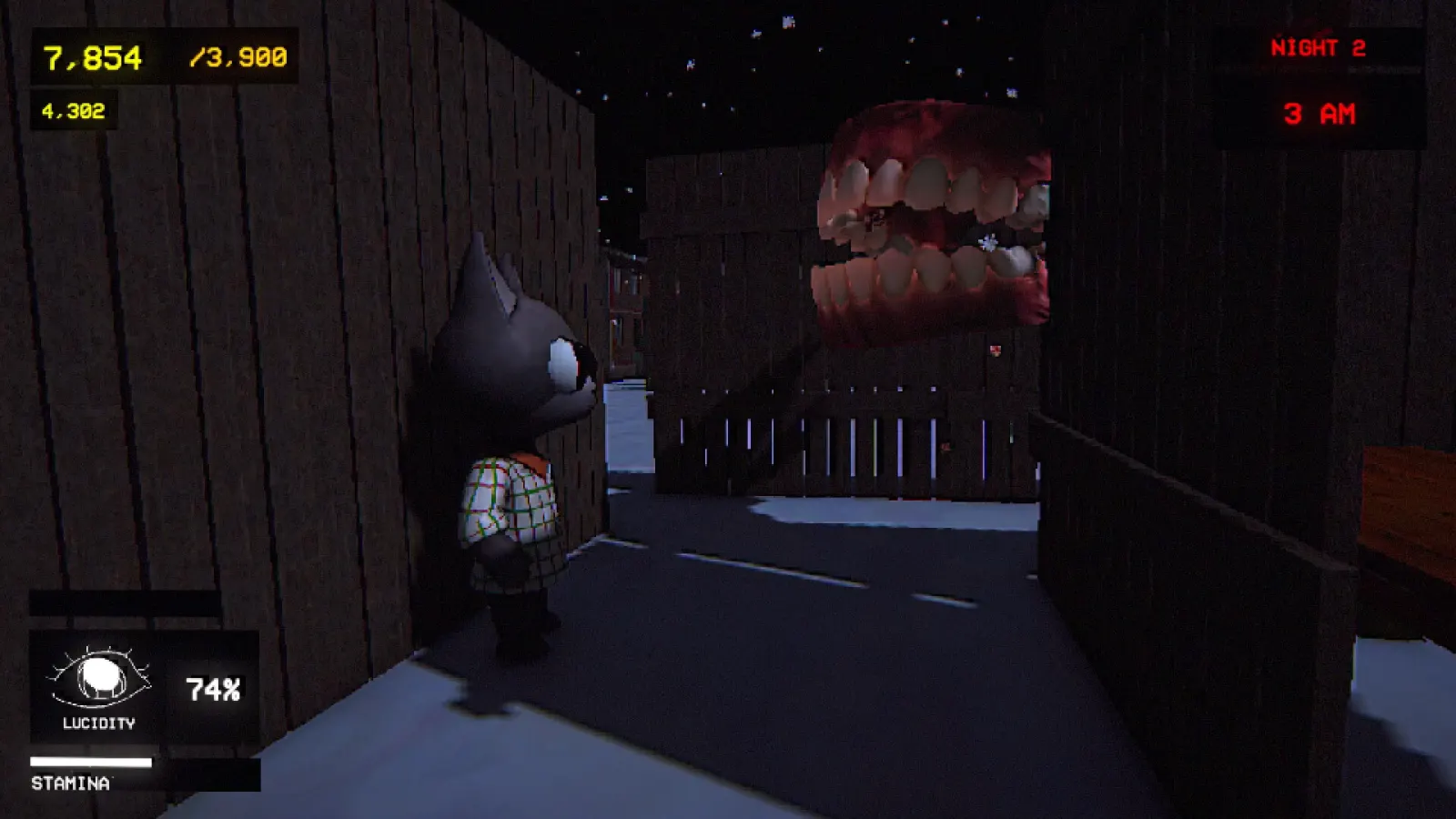 A cat-masked player hides near a fence while a giant set of teeth floats outside