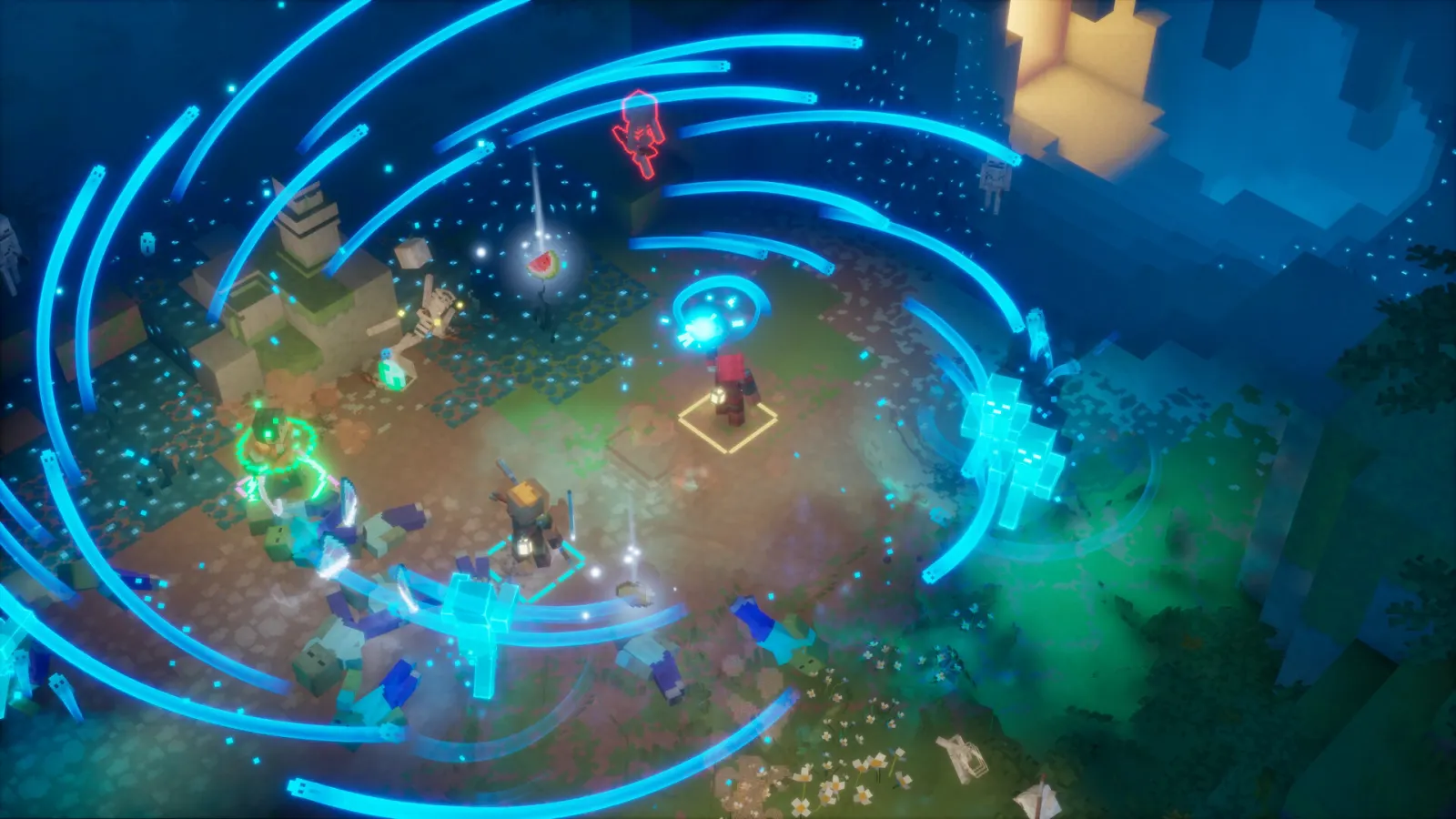 Minecraft Dungeons II hero casting expanding blue soul waves during combat