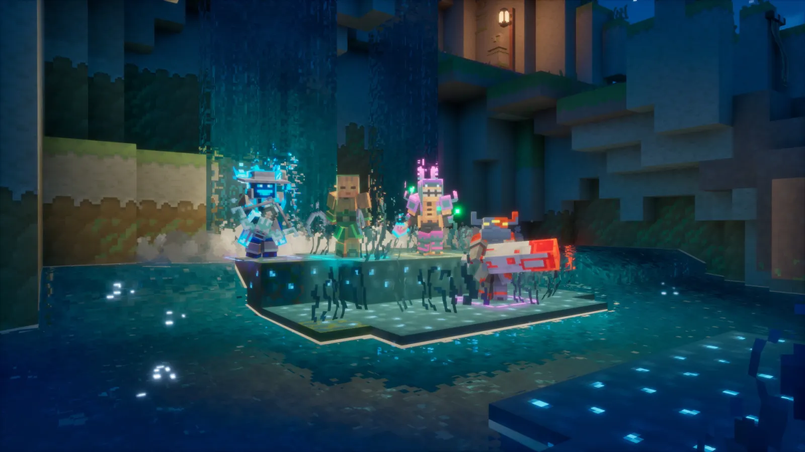 Four Minecraft Dungeons II heroes standing in a blue-lit sculk cave
