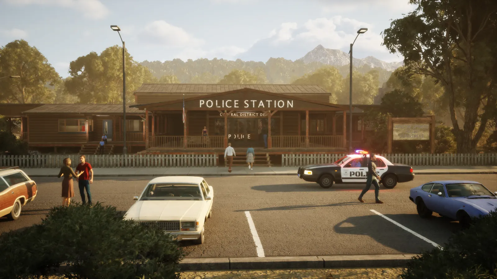 The Winston Springs police station with a patrol car and pedestrians outside