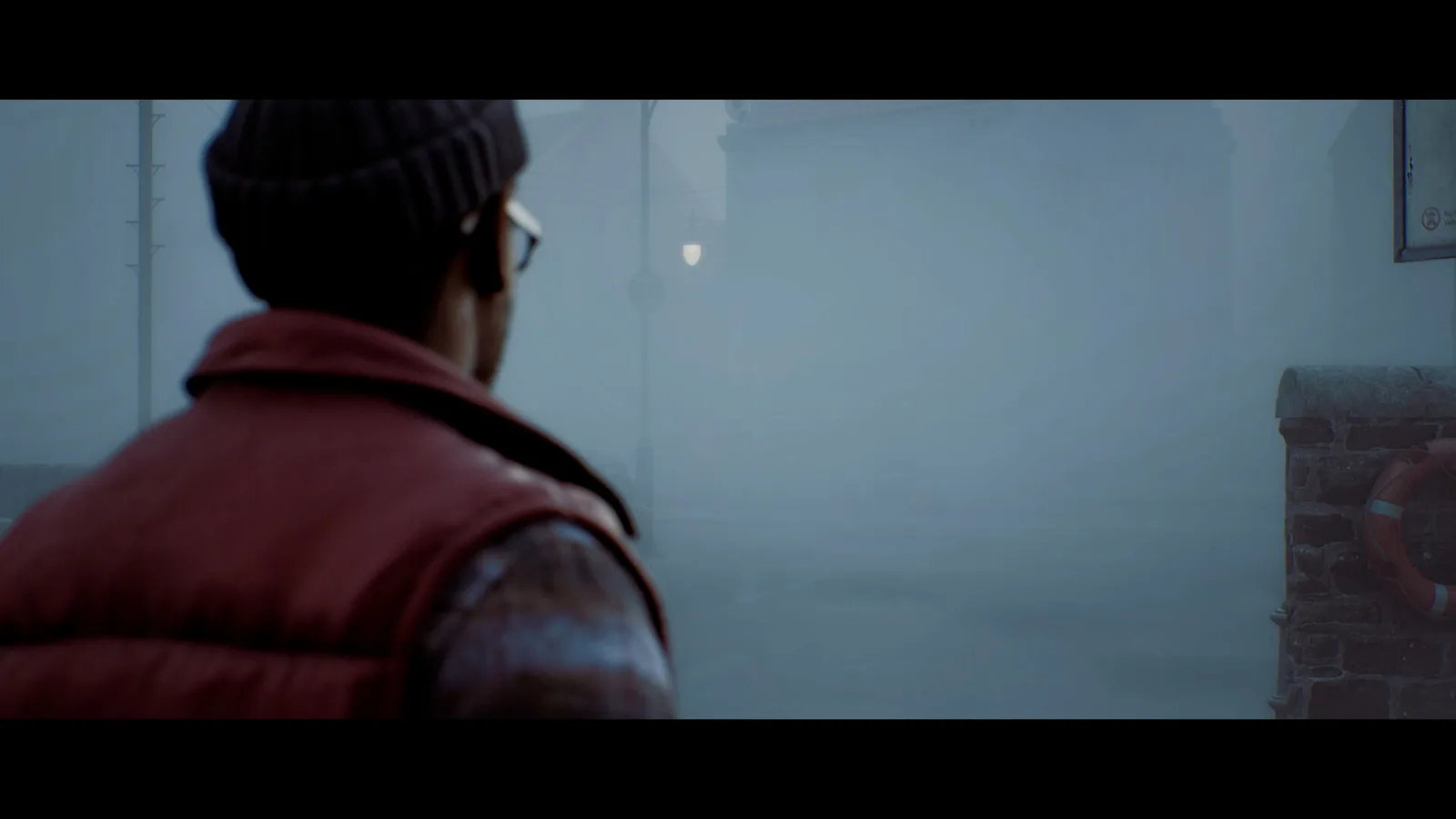 Official SILENT HILL Townfall screenshot showing first-person exploration in a dark interior
