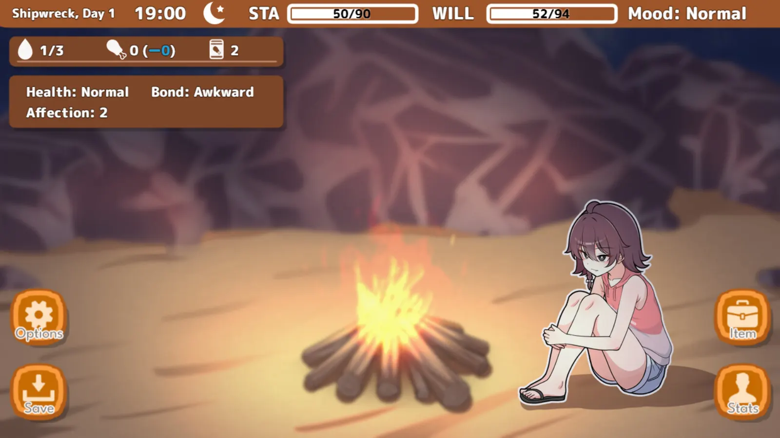 Mitsuki beside a nighttime campfire with health, bond, affection and survival supplies displayed