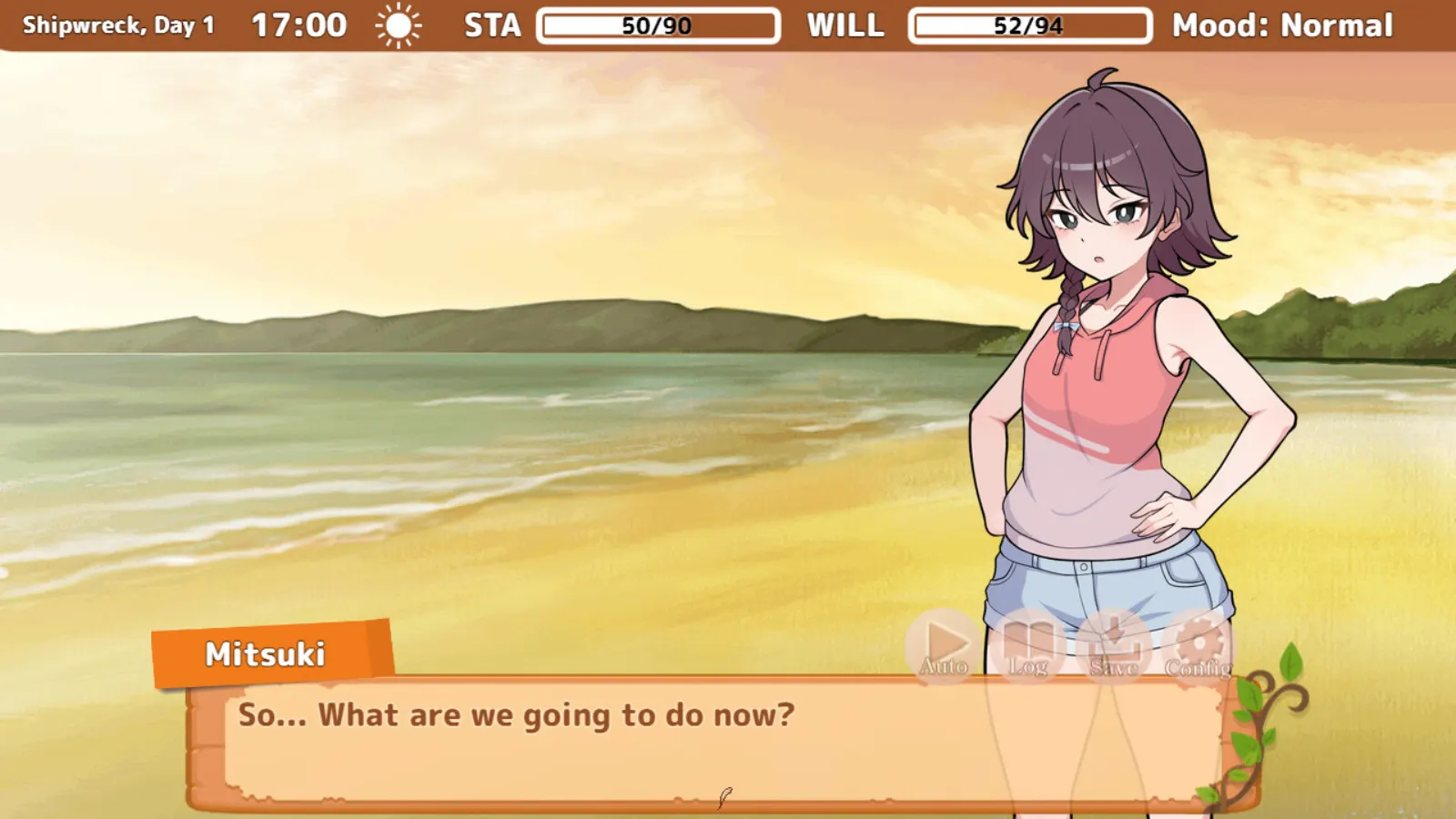 Mitsuki on the beach beside Stranded with You's Day 1 time, stamina, will and mood interface