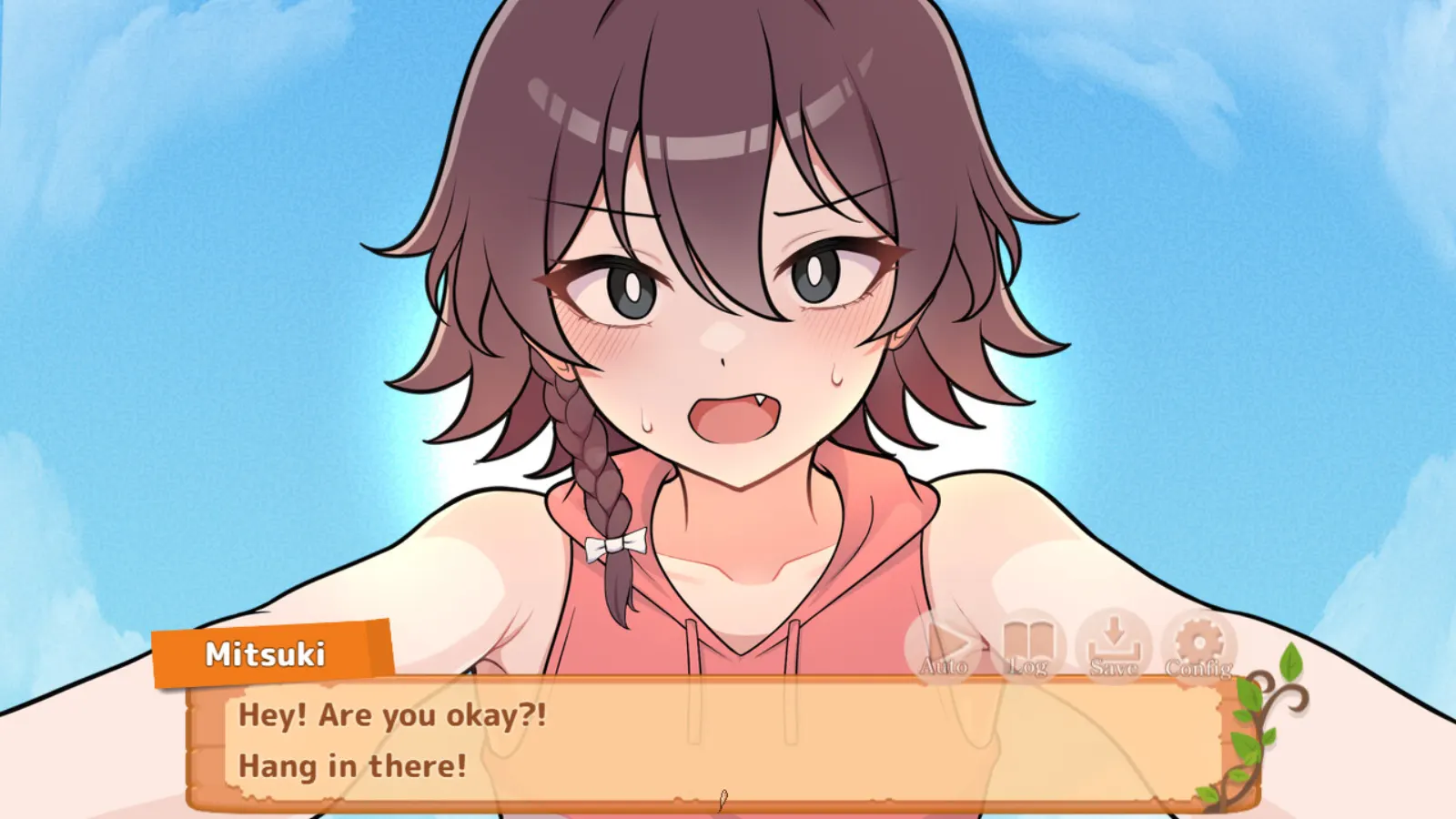Mitsuki leans into view and asks whether the shipwrecked protagonist is okay in Stranded with You